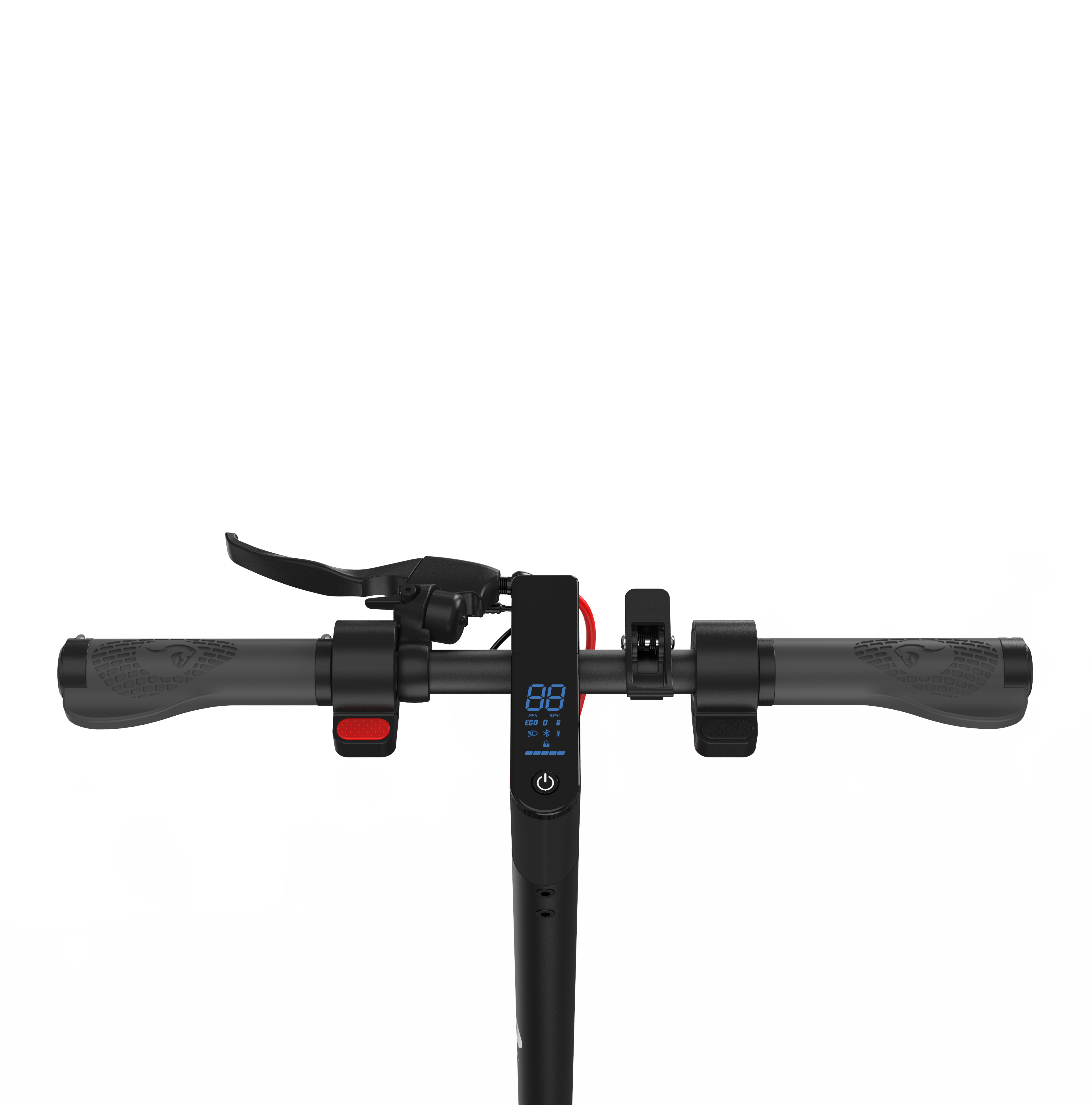 Kierownica skutera z wyświetlaczem pokazującym cyfry i przyciskiem zasilania na białym tle.