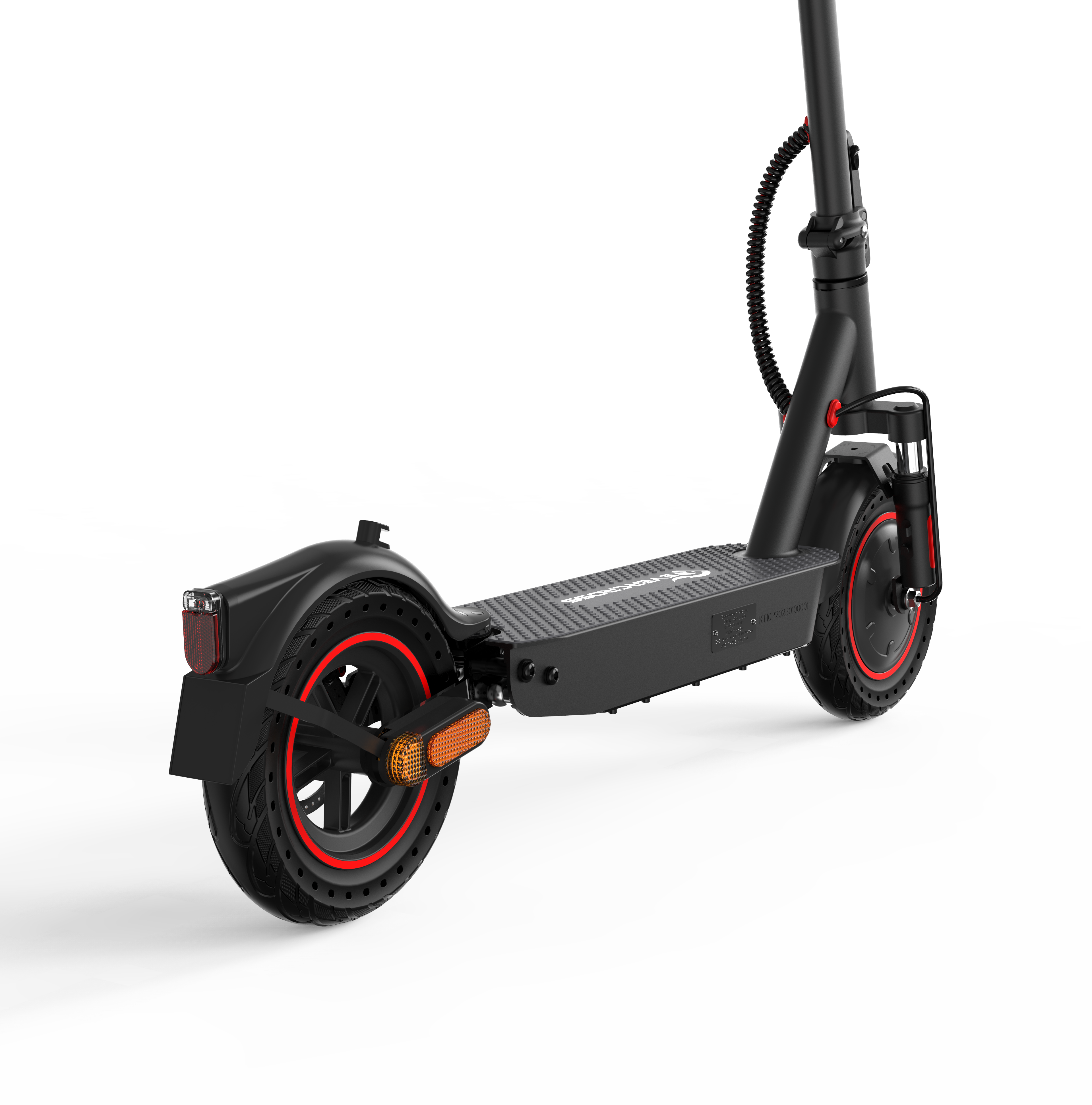 Czarna hulajnoga elektryczna z czerwonymi akcentami, tylnym kołem i nóżką.