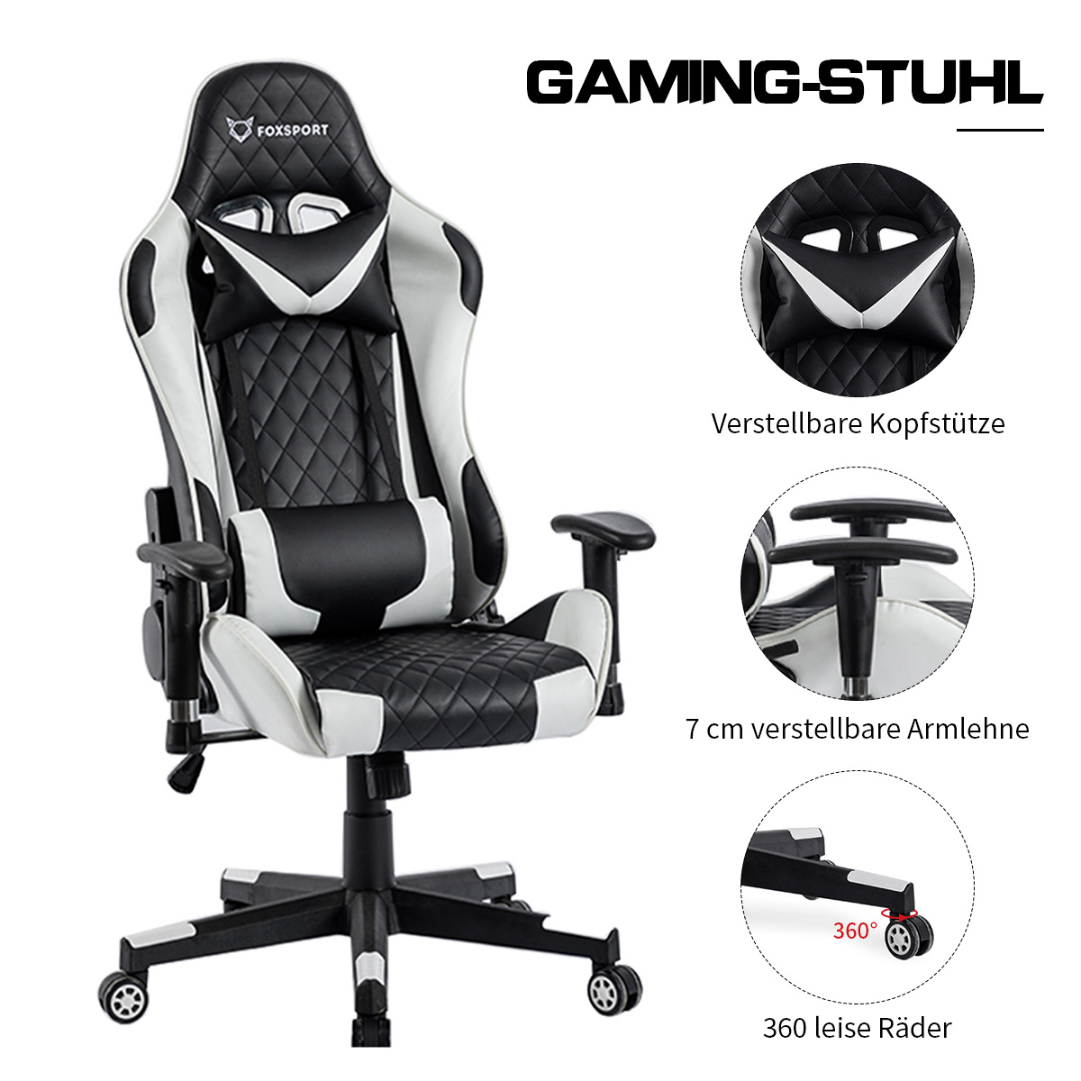 Gaming-Stuhl in Schwarz und Weiß. Merkmale: verstellbare Kopfstütze, Armlehnen und Räder.