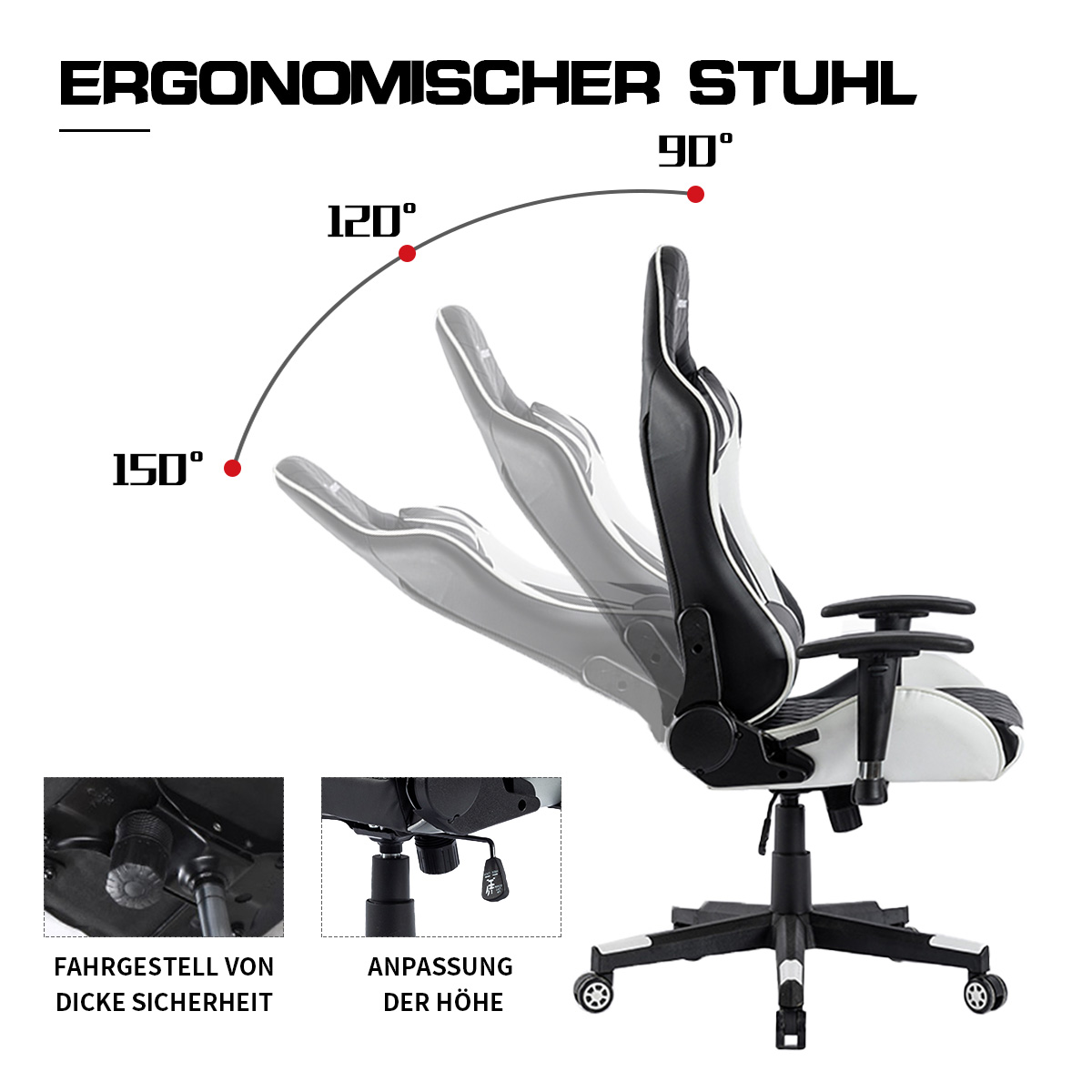 Ein ergonomischer Stuhl mit einstellbaren Winkeln. Drei Stuhllinien zeigen Positionen bei 90, 120 und 150 Grad.