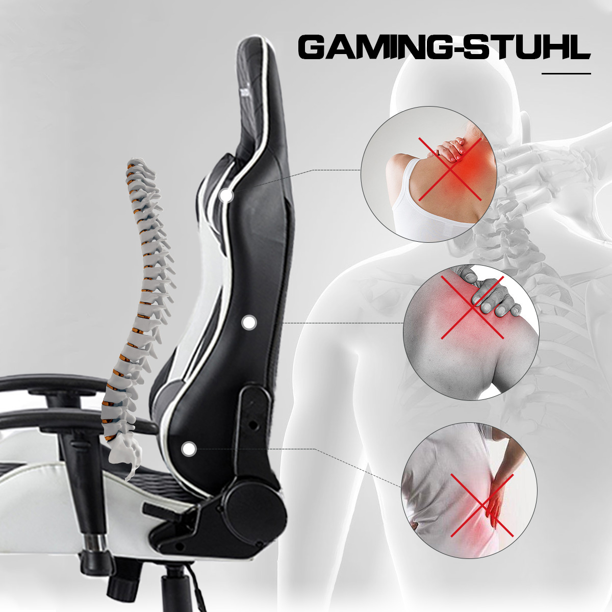 Gaming-Stuhl mit Wirbelsäulenmodell. Rote Kreuze auf Nacken, Schulter und Rücken einer Person.