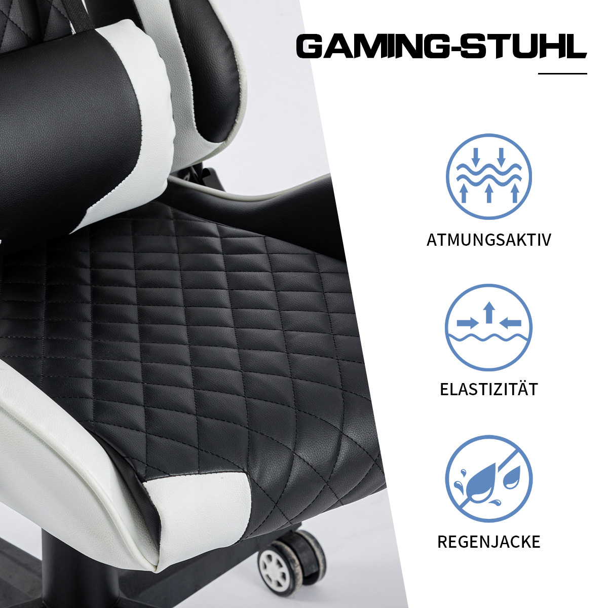 Gaming-Stuhl mit schwarz-weißem Design. Text zeigt Funktionen: atmungsaktiv, elastisch, wasserabweisend.