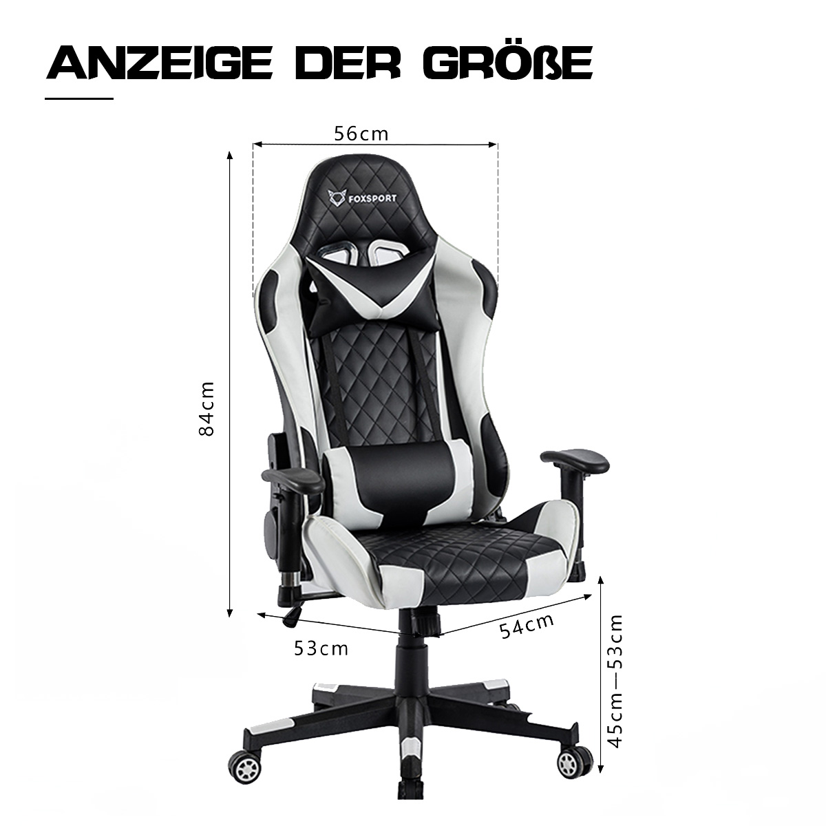 Gaming-Stuhl mit Maßangaben. Schwarz und weiß, mit Logo und Maßen in Zentimetern.