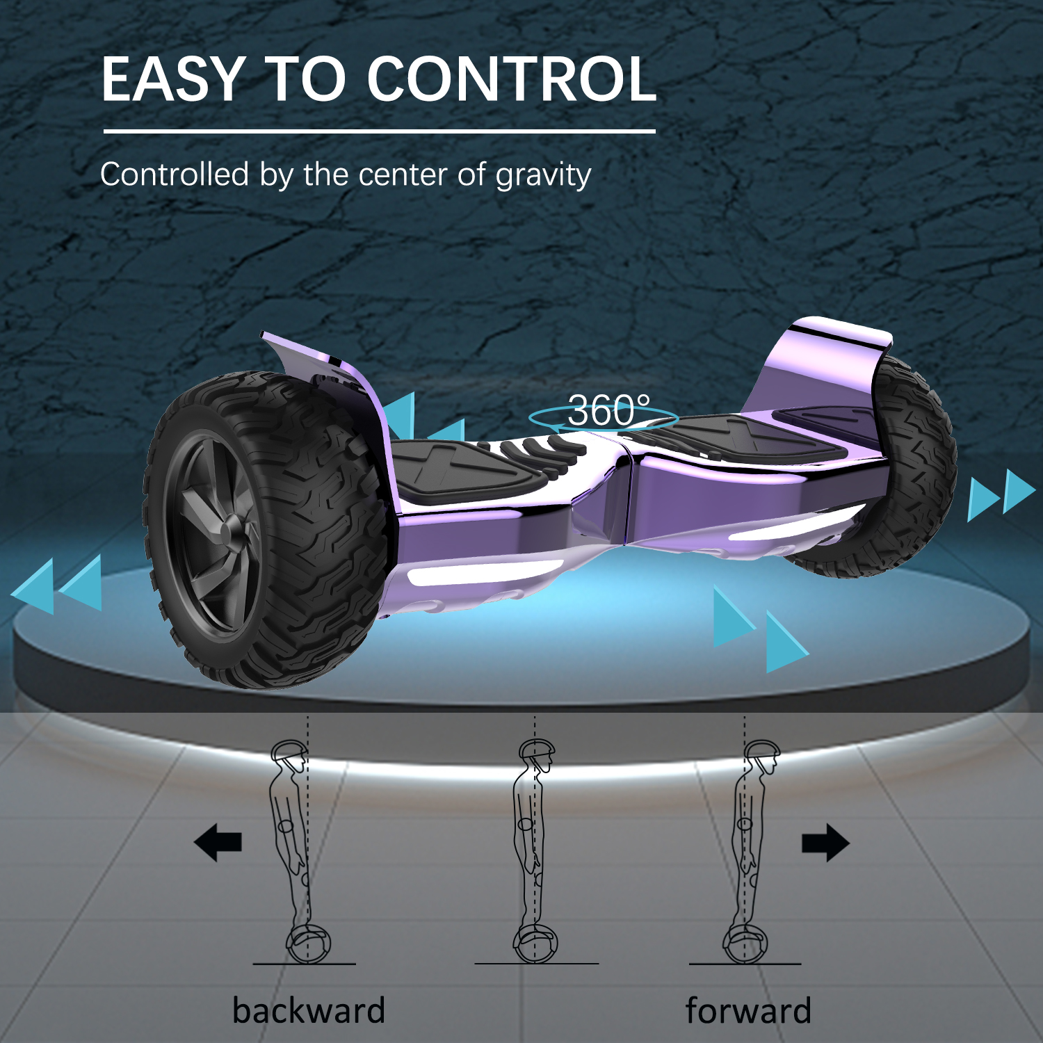 Lilafarbenes Hoverboard mit schwarzen Rädern, Pfeile zeigen Bewegung.