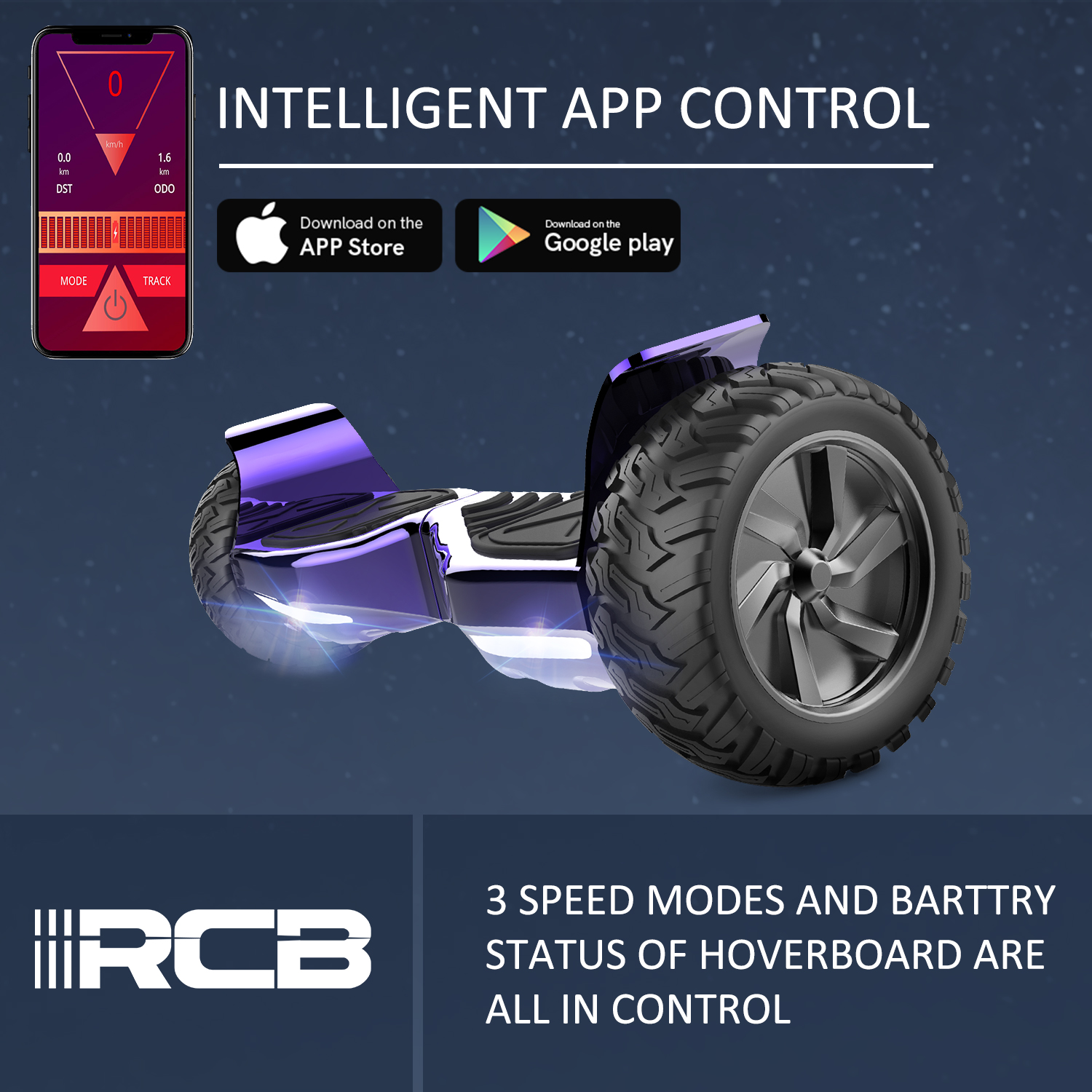 Lila-schwarzes Hoverboard mit Telefon-Interface für App-Steuerung und Geschwindigkeitsmodi.