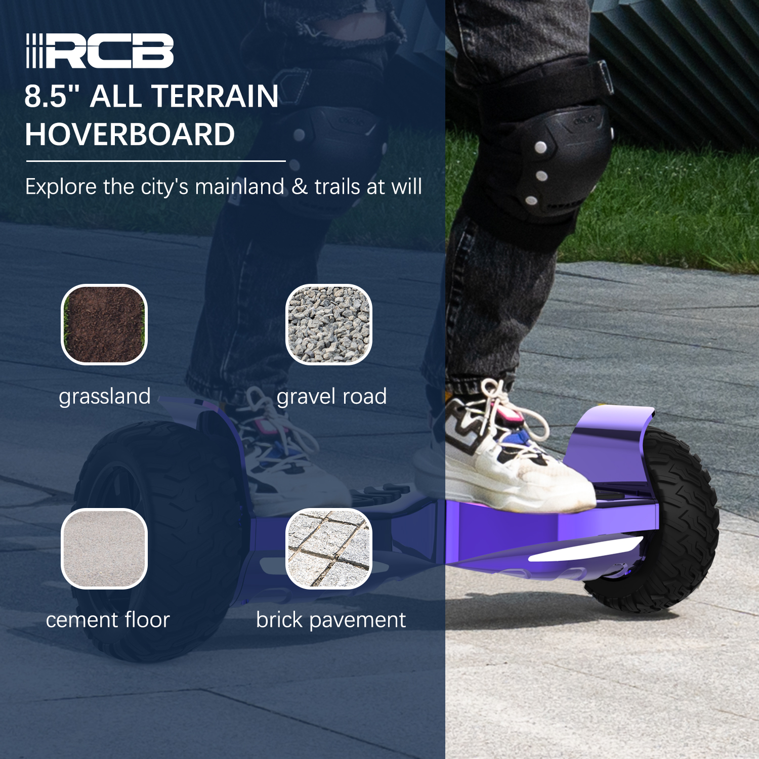 Eine Person auf einem lila Hoverboard, mit Grafiken verschiedener Terrains wie Kies und Gras.