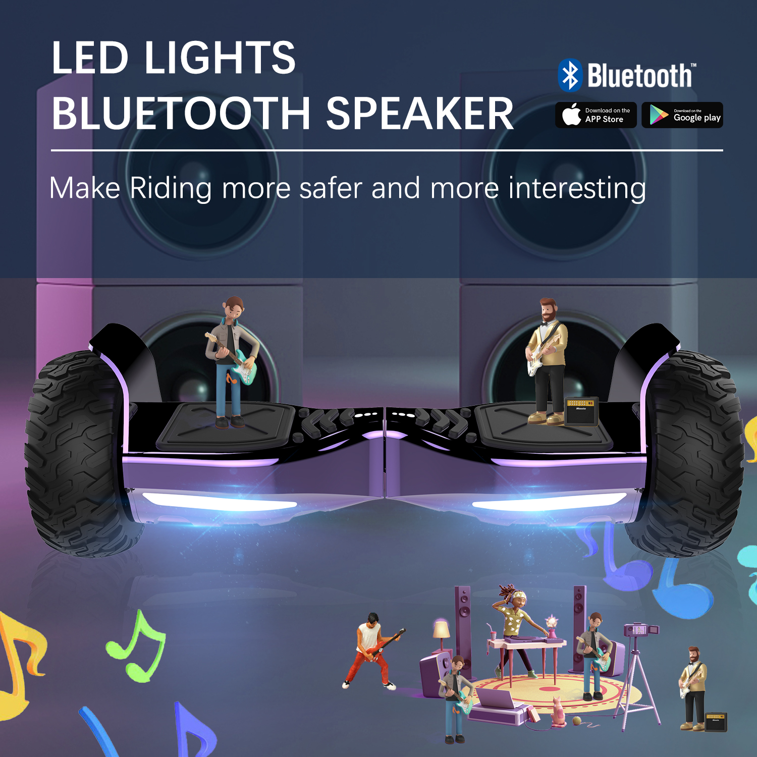 Hoverboard mit LED-Leuchten, Bluetooth-Lautsprecher, Menschen spielen Musik, dunkler Hintergrund.