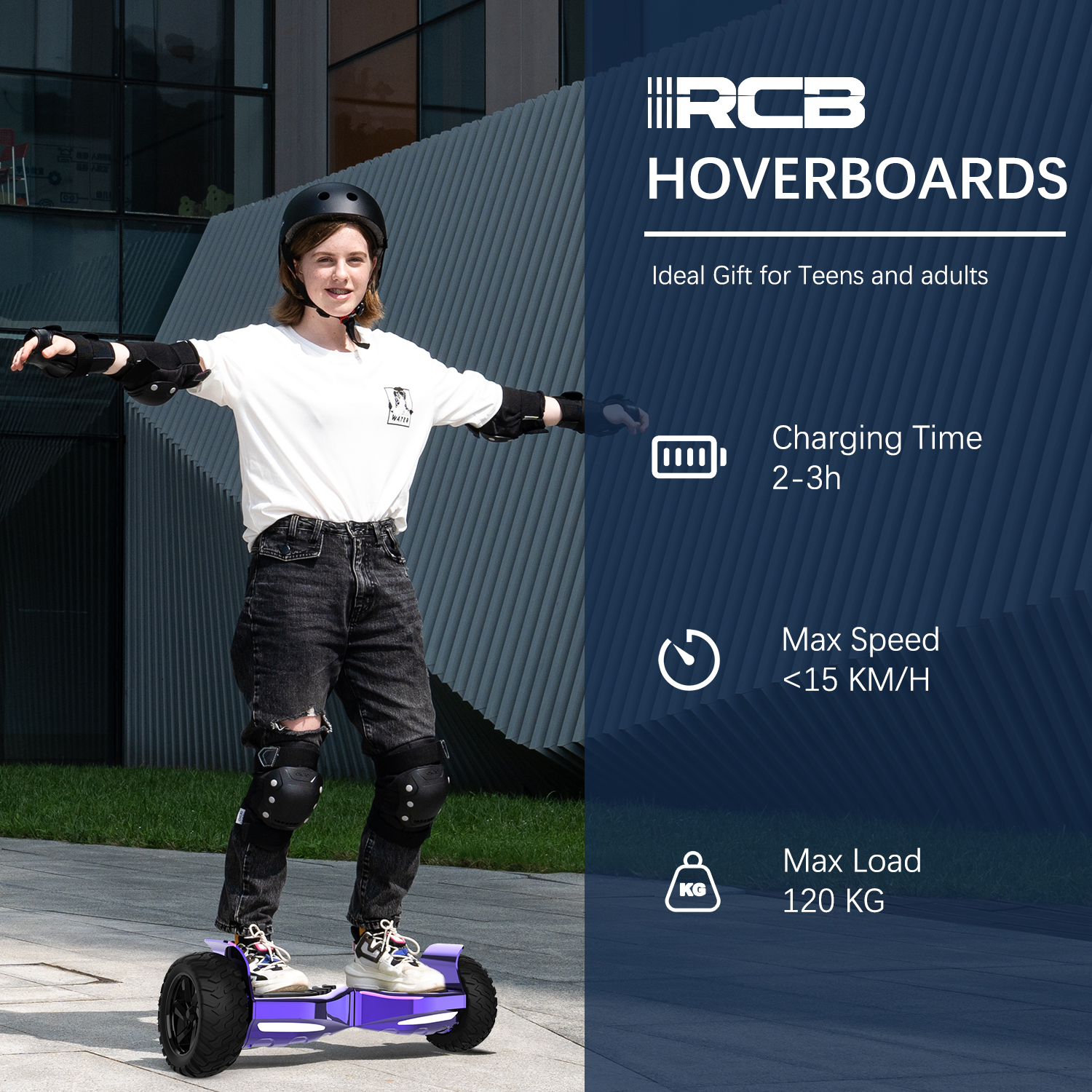 Adolescente su un hoverboard viola, con equipaggiamento di sicurezza. Sfondo blu con testo sul prodotto.