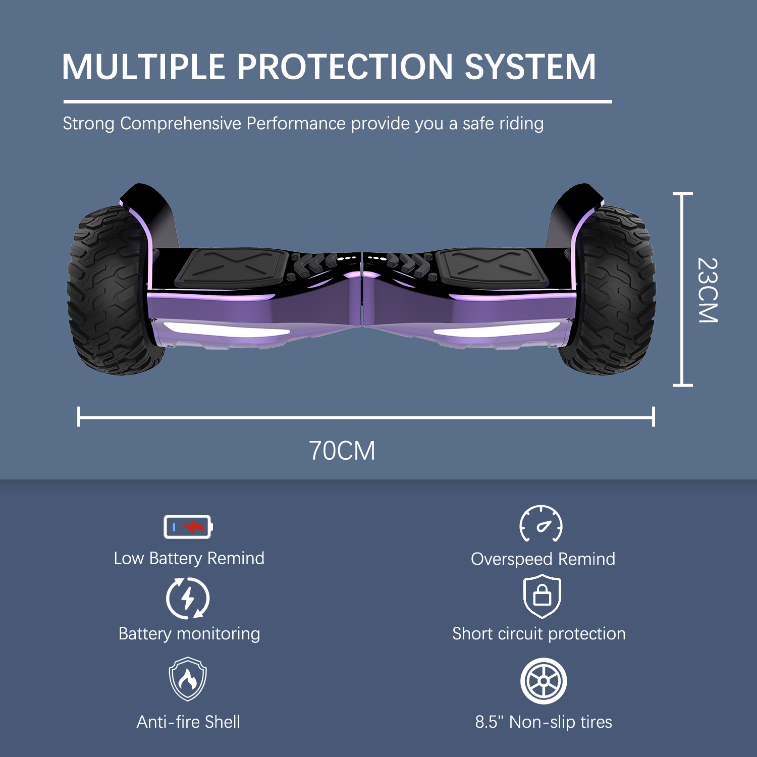Un hoverboard viola e nero con caratteristiche di sicurezza e dimensioni su sfondo blu.
