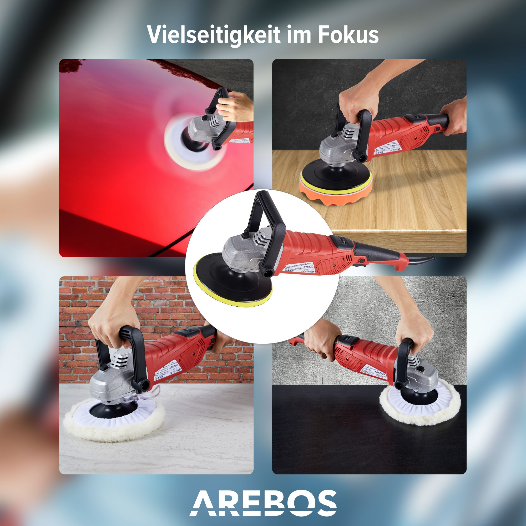 Vier Bilder zeigen einen roten Polierer, der auf einem Auto, Holz und anderen Oberflächen verwendet wird.
