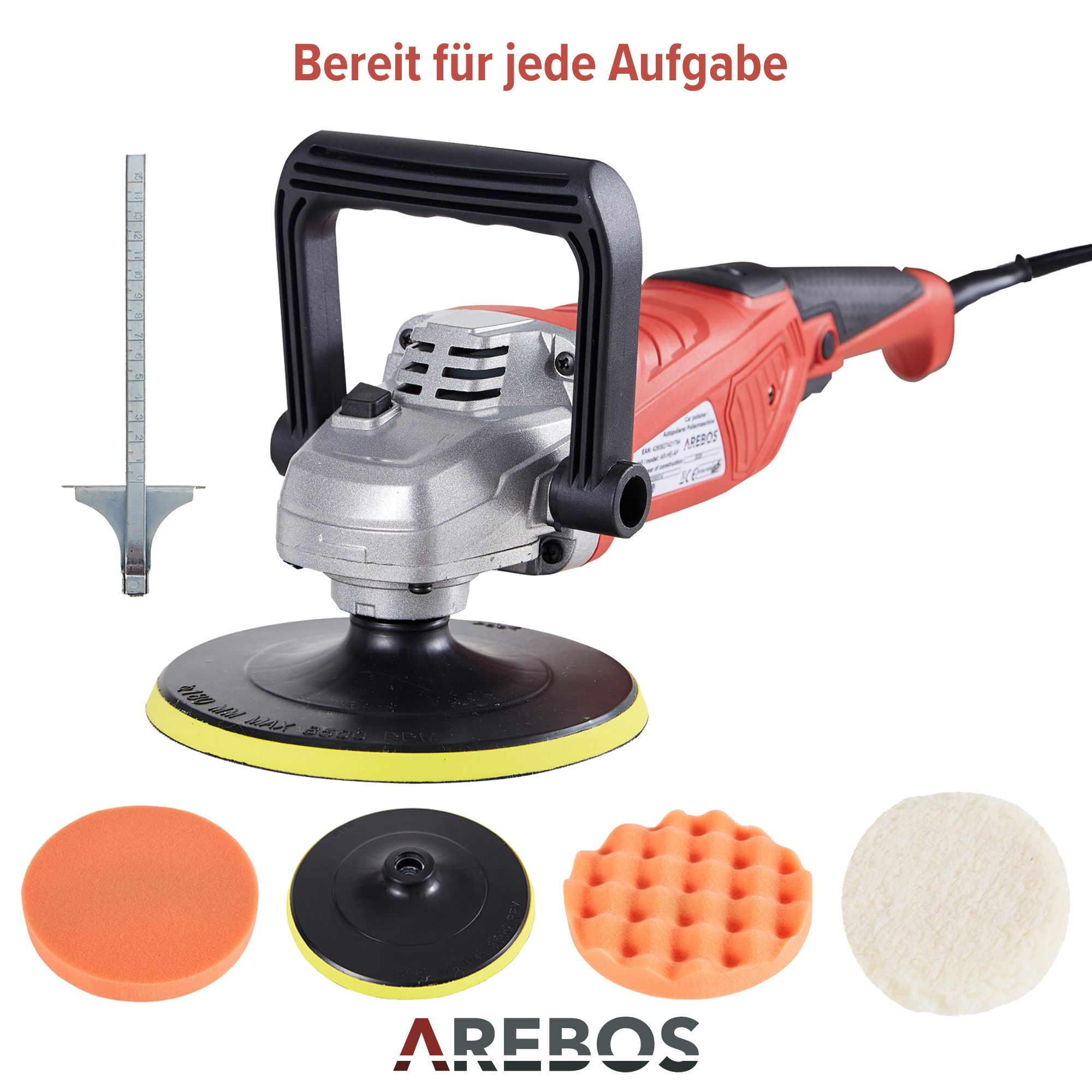 Poliermaschine mit Zubehör. Rotes und silbernes Farbschema. Text: Bereit für jede Aufgabe (Bereit für jede Aufgabe).