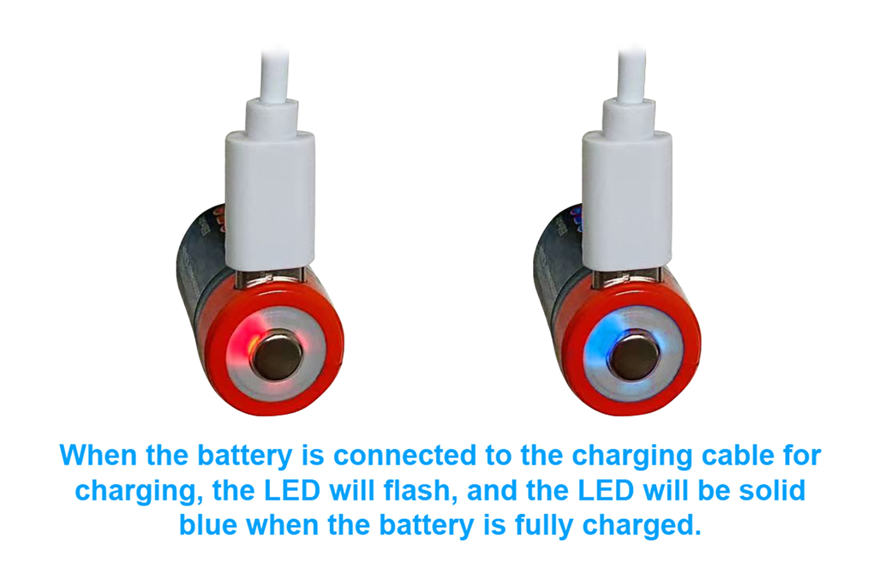 Zwei Batterien laden. Eine hat rotes Licht, die andere blaues.