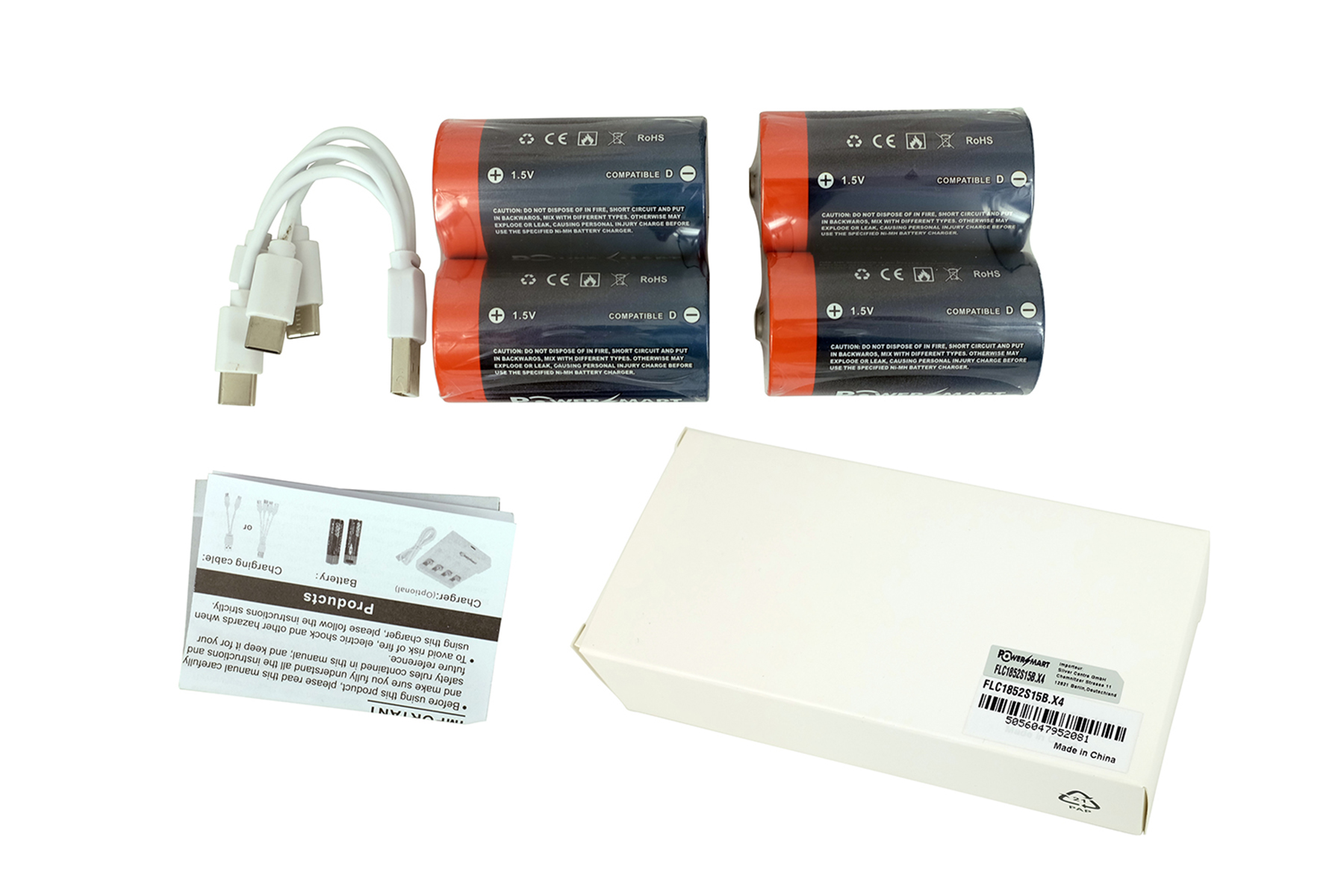 Mehrere Batterien, Ladekabel und eine weiße Box. Alles auf weißem Hintergrund.