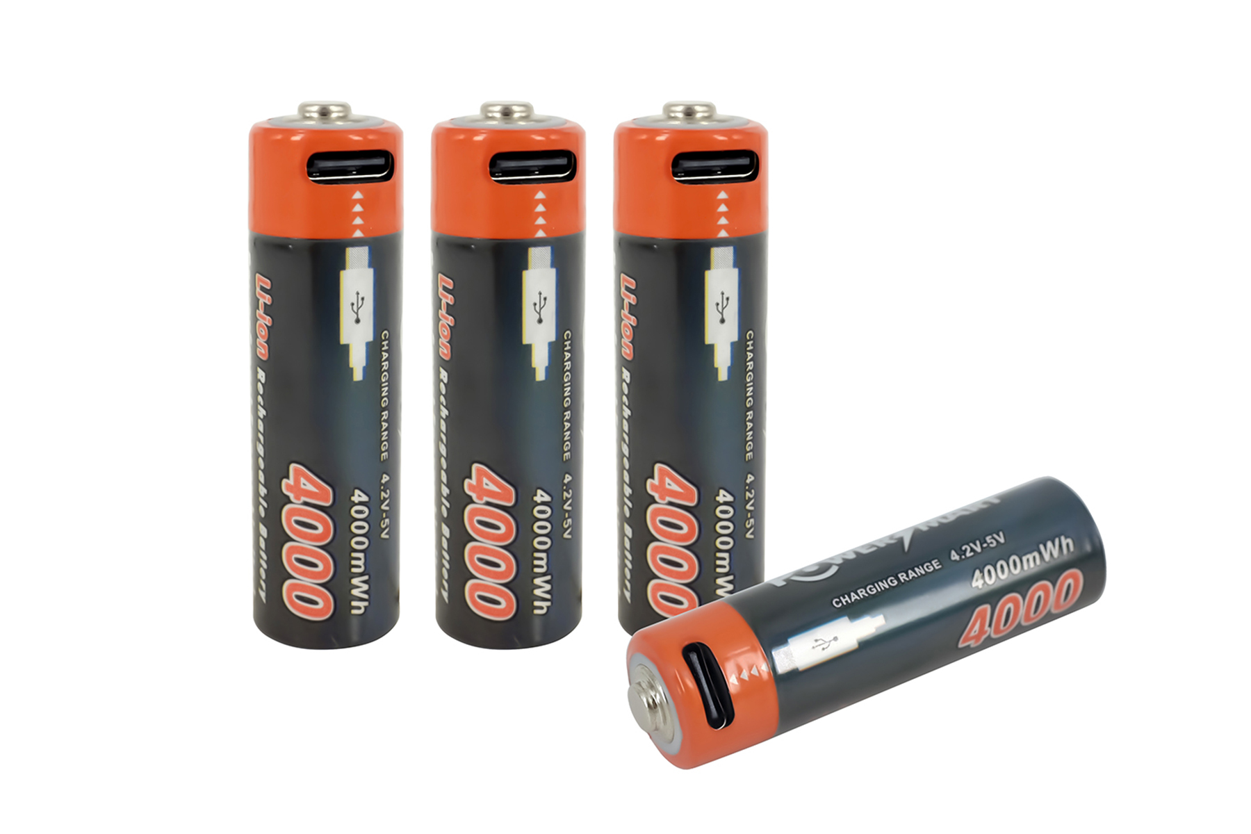 Tre batterie arancioni e nere con porte USB e una batteria sdraiata. Testo: 4000 mAh.