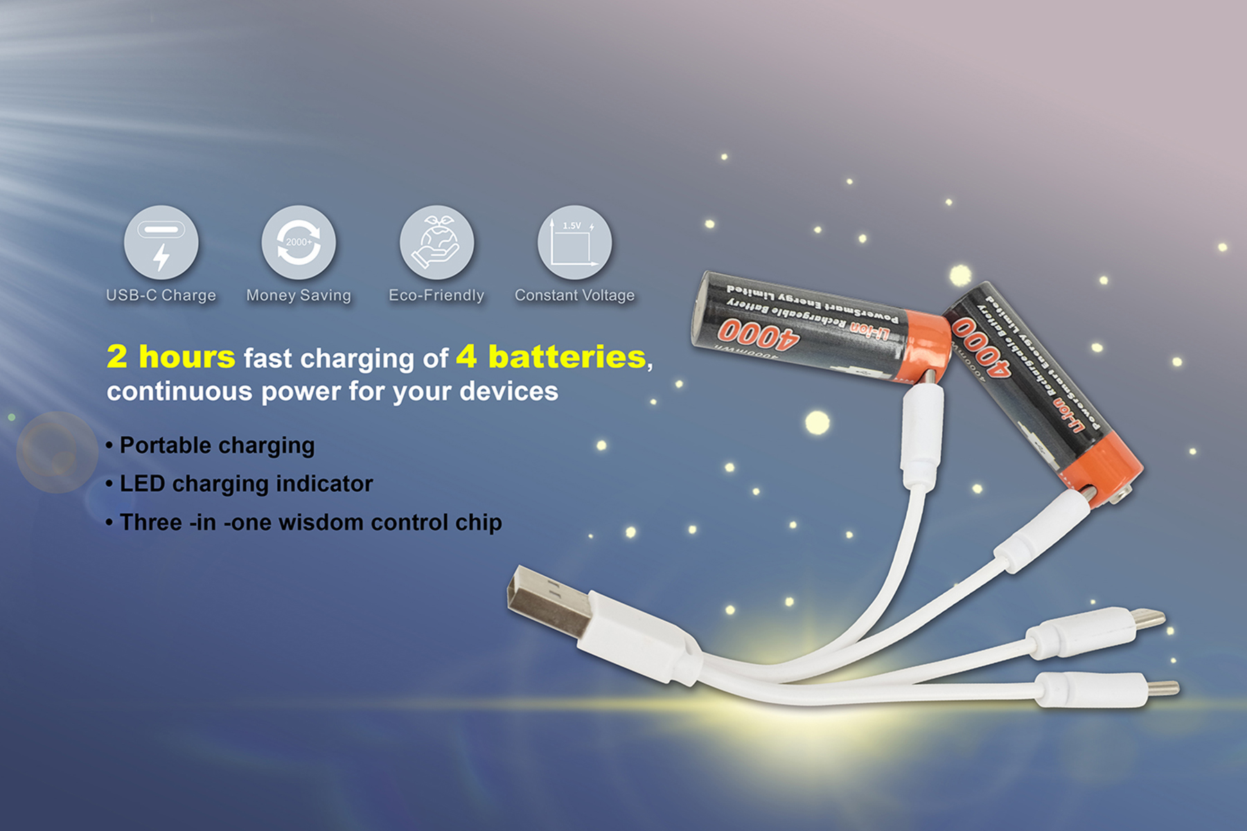 Due batterie ricaricabili con un cavo di ricarica USB e testo sulla ricarica e l'energia.
