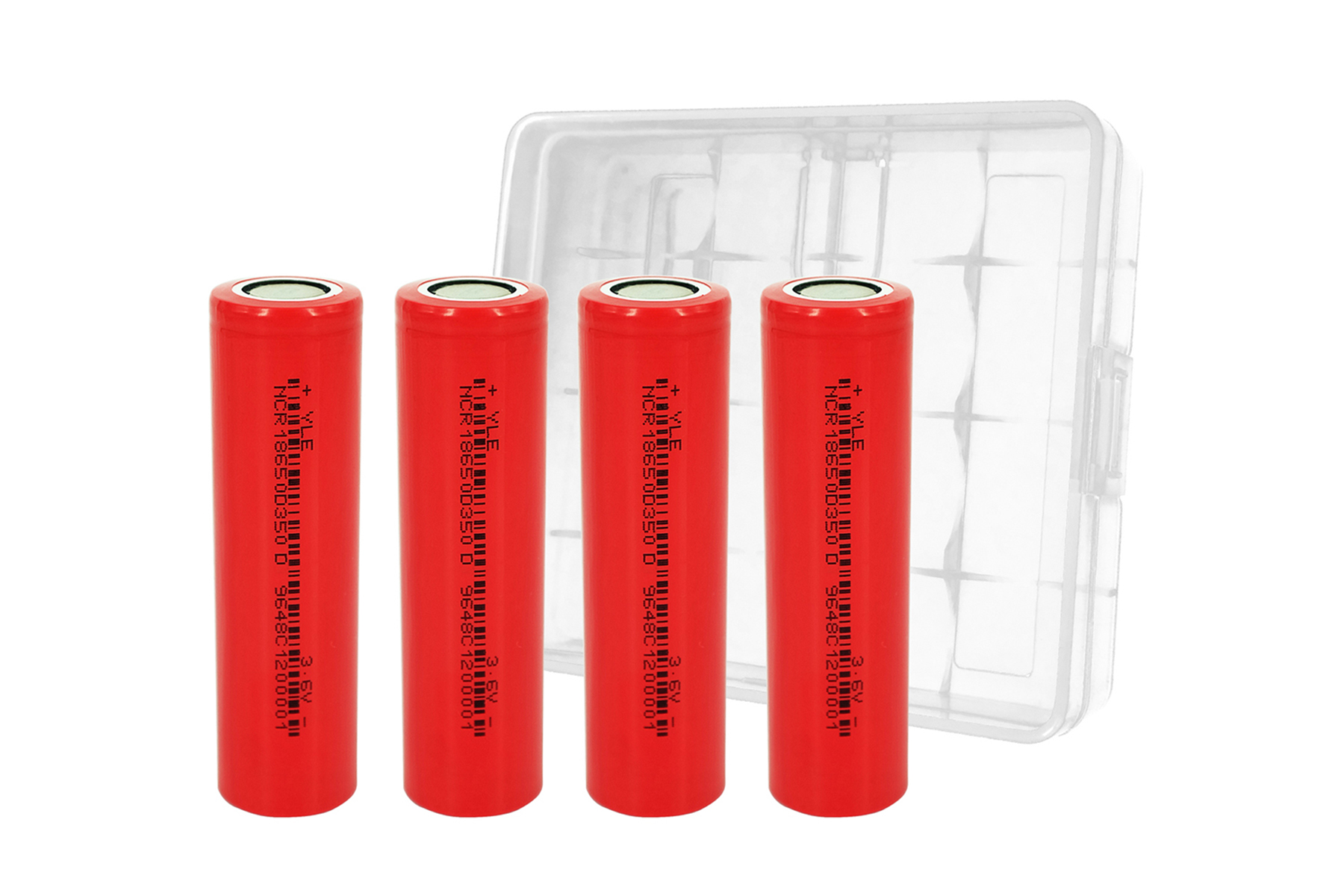 Quattro batterie rosse cilindriche vicino a una custodia di plastica trasparente.