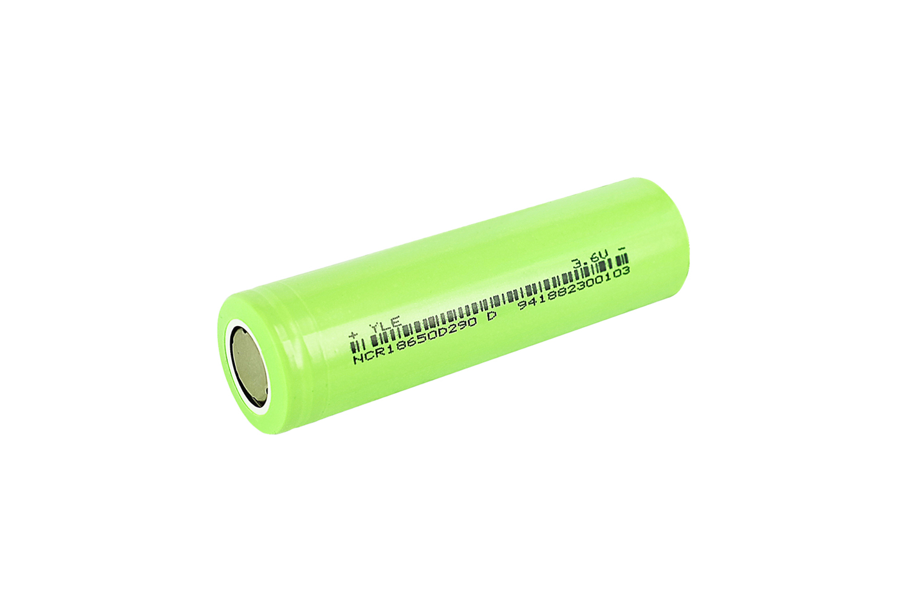 Eine grüne Zylinderbatterie mit Markierungen darauf. Es ist eine 3,6-V-Batterie, isoliert auf weißem Hintergrund.