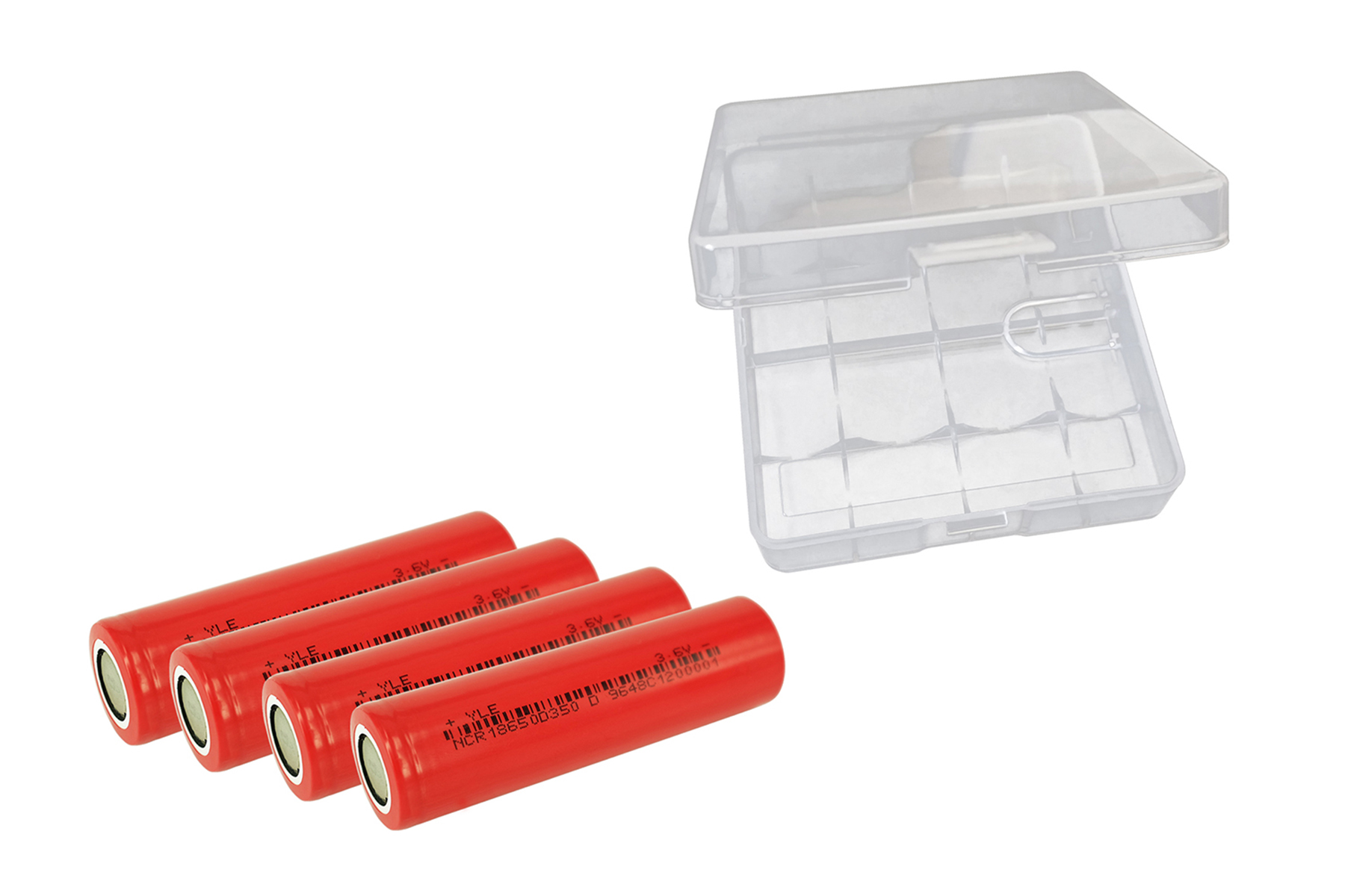 Quattro batterie cilindriche rosse da 3,6 V e una custodia in plastica trasparente.