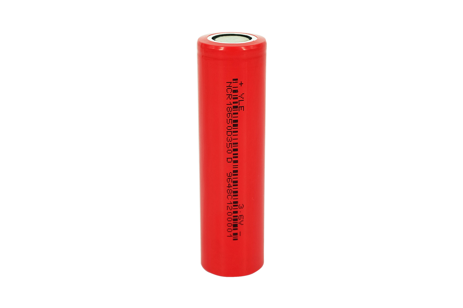 Batteria cilindrica rossa con marcature nere su sfondo bianco.