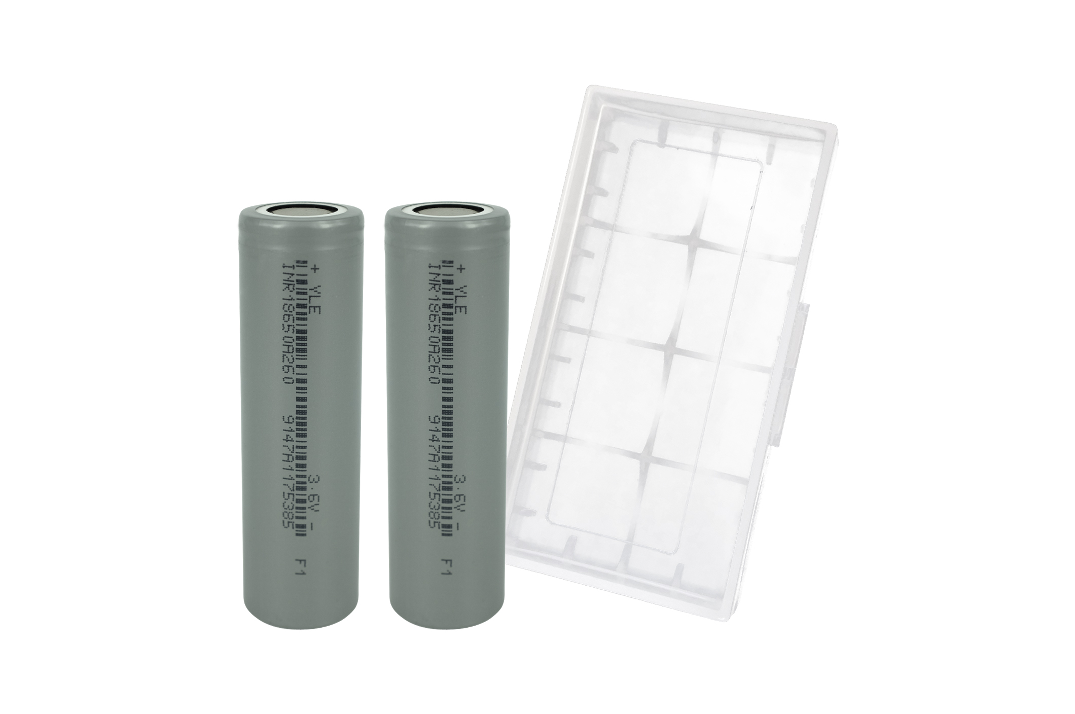 Zwei graue Batterien und ein durchsichtiges Kunststoff-Batteriegehäuse. Batterien sind zylindrisch und beschriftet.