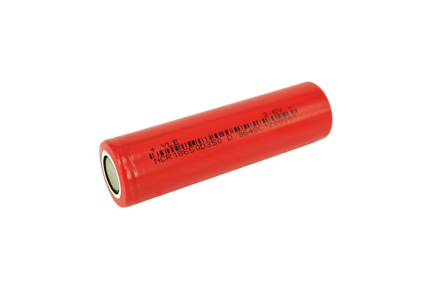 Eine rote zylindrische 18650-Batterie mit Text und einem grünen Pluspol.