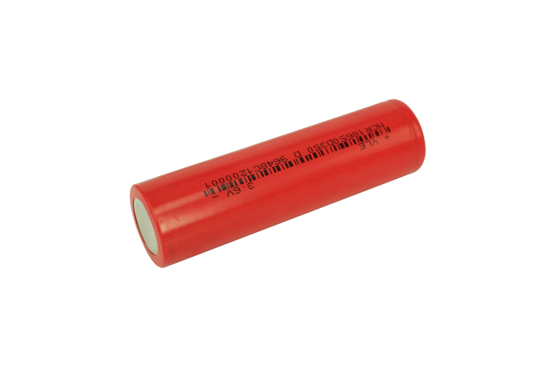 Rote zylindrische 18650-Batterie mit Aufdruck.
