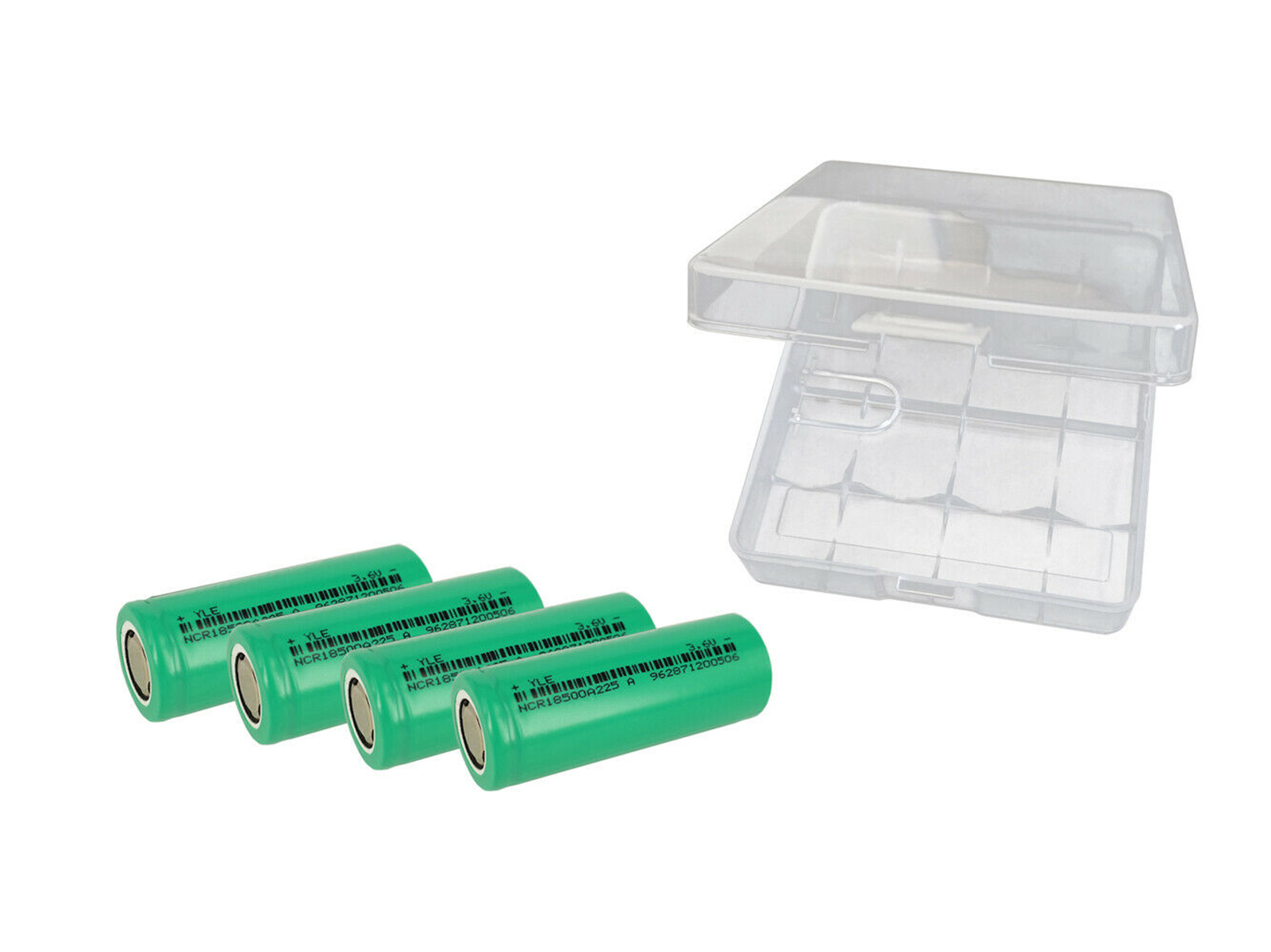 Vier grüne zylindrische Batterien und eine transparente Batteriebox sind sichtbar.
