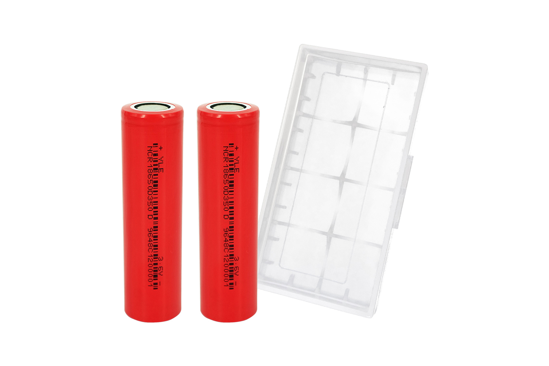 Zwei rote zylindrische Batterien in einem transparenten Gehäuse.