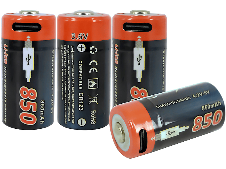 Piles rechargeables Li-ion CR123 USB, lot de 4, 3,6 V 850 mAh avec por– PowerSmart