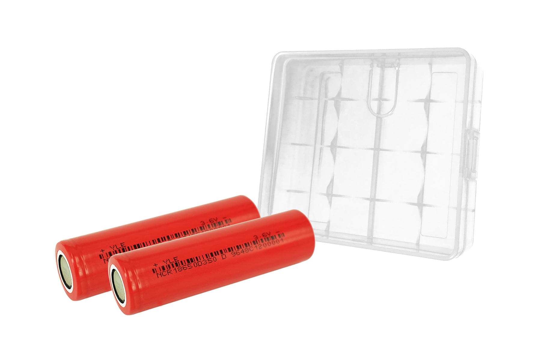 Zwei rote 3,6-V-Batterien neben einer transparenten Kunststoff-Aufbewahrungsbox.