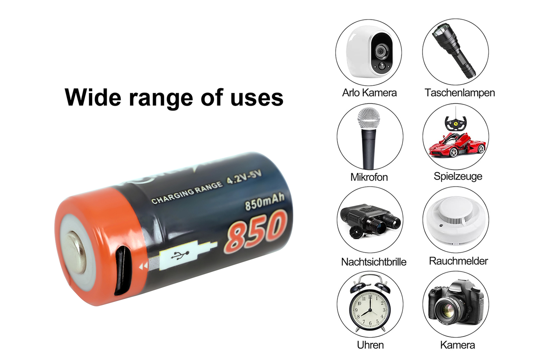 Una batteria ricaricabile con porta di ricarica ed esempi dei suoi utilizzi.