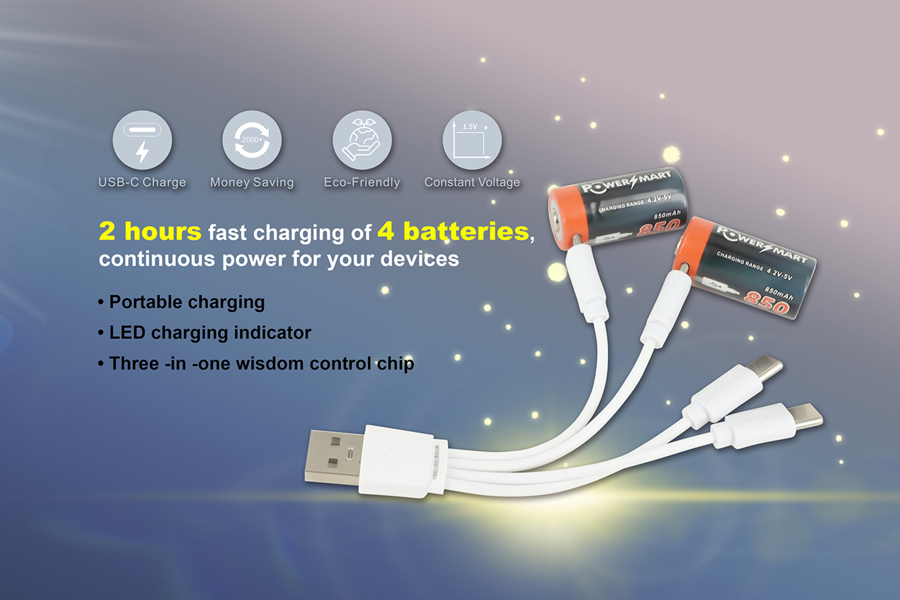Grafica che mostra un cavo USB che carica batterie con un caricatore USB-C.
