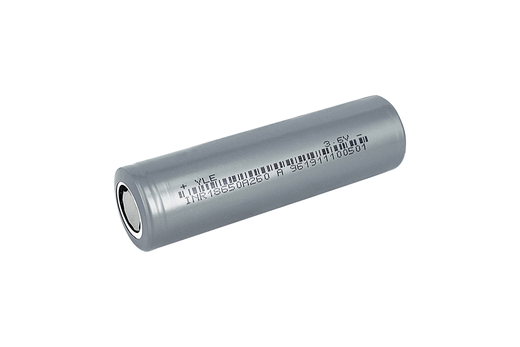 Graue zylindrische 18650-Batterie mit Aufdruck.