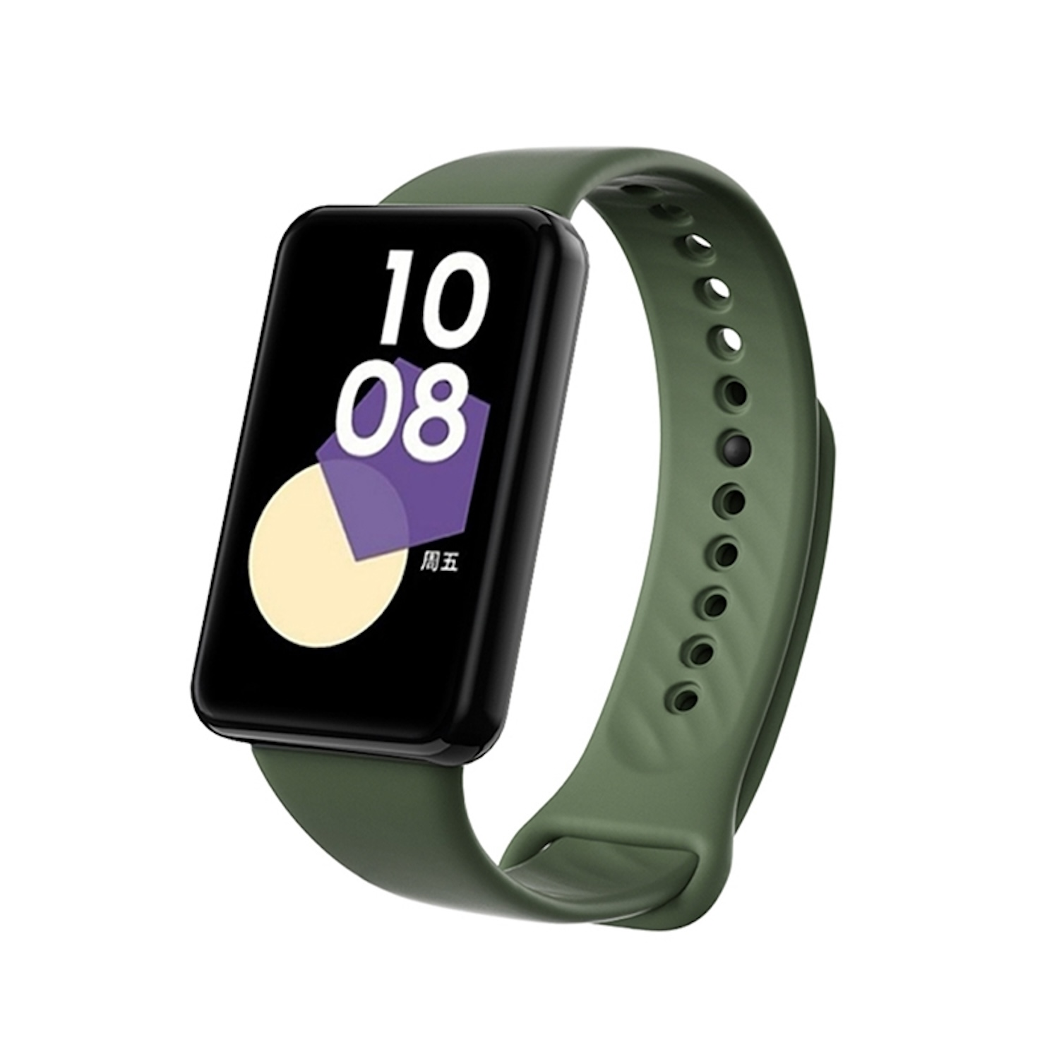 Eine grüne Smartwatch mit schwarzem Bildschirm, der die Uhrzeit 10:08 anzeigt. Grünes Armband.