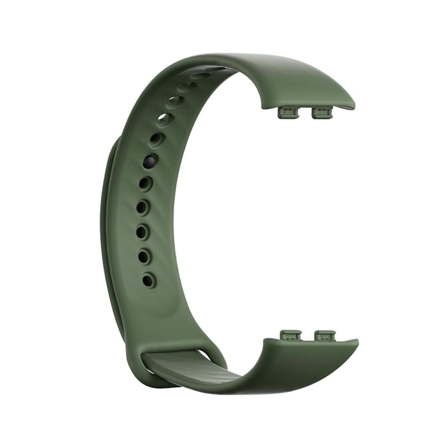 Olivgrünes Smartwatch-Armband mit Löchern und Anschlüssen, gebogene Form. Weißer Hintergrund.