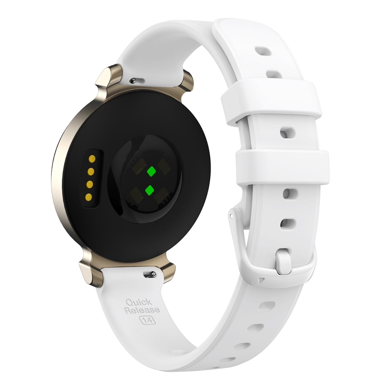 Smartwatch, weißes Armband, goldene Akzente. Rückseite zeigt Herzfrequenzsensor und Ladepins. Sauberes, modernes Design.