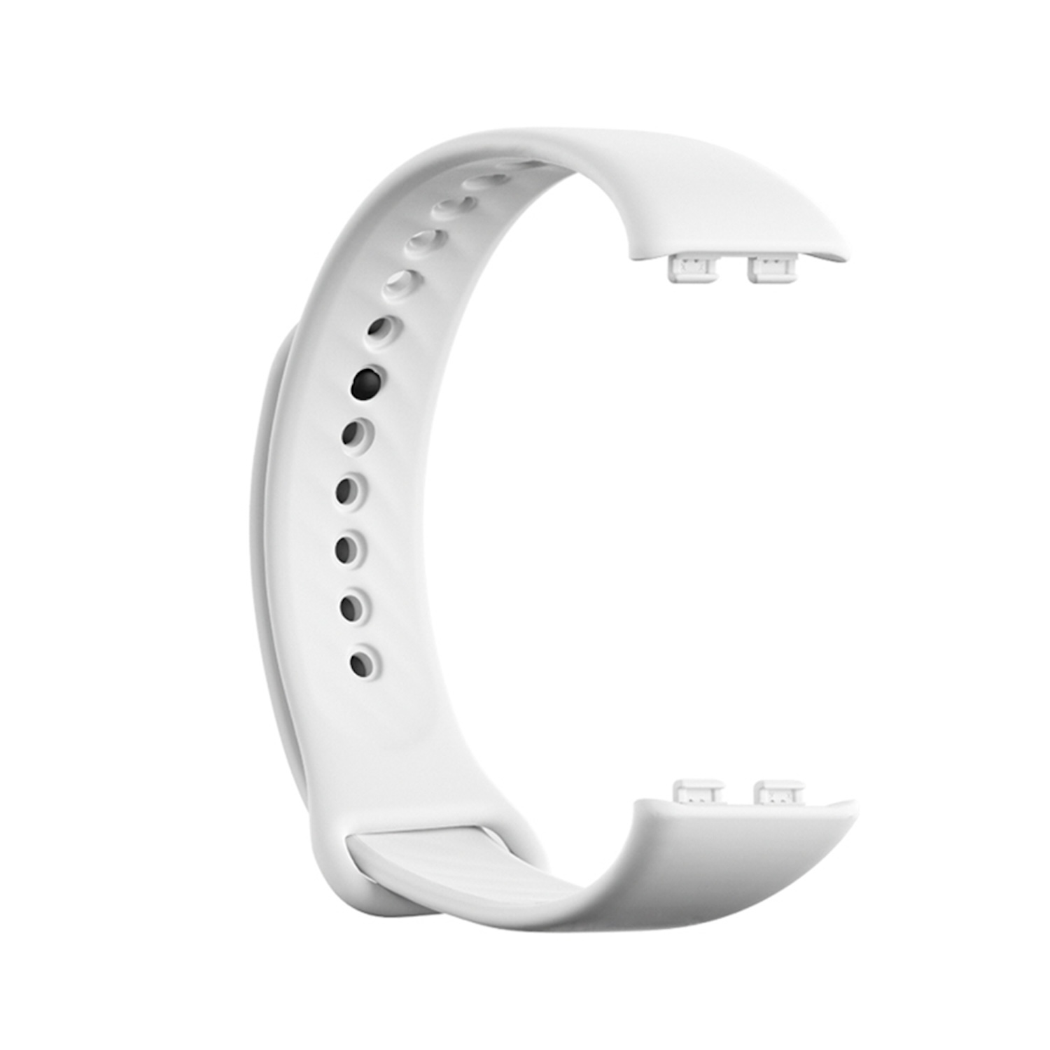Weißes, gebogenes Uhrenarmband. Es hat Löcher auf einer Seite und Anschlüsse an beiden Enden.