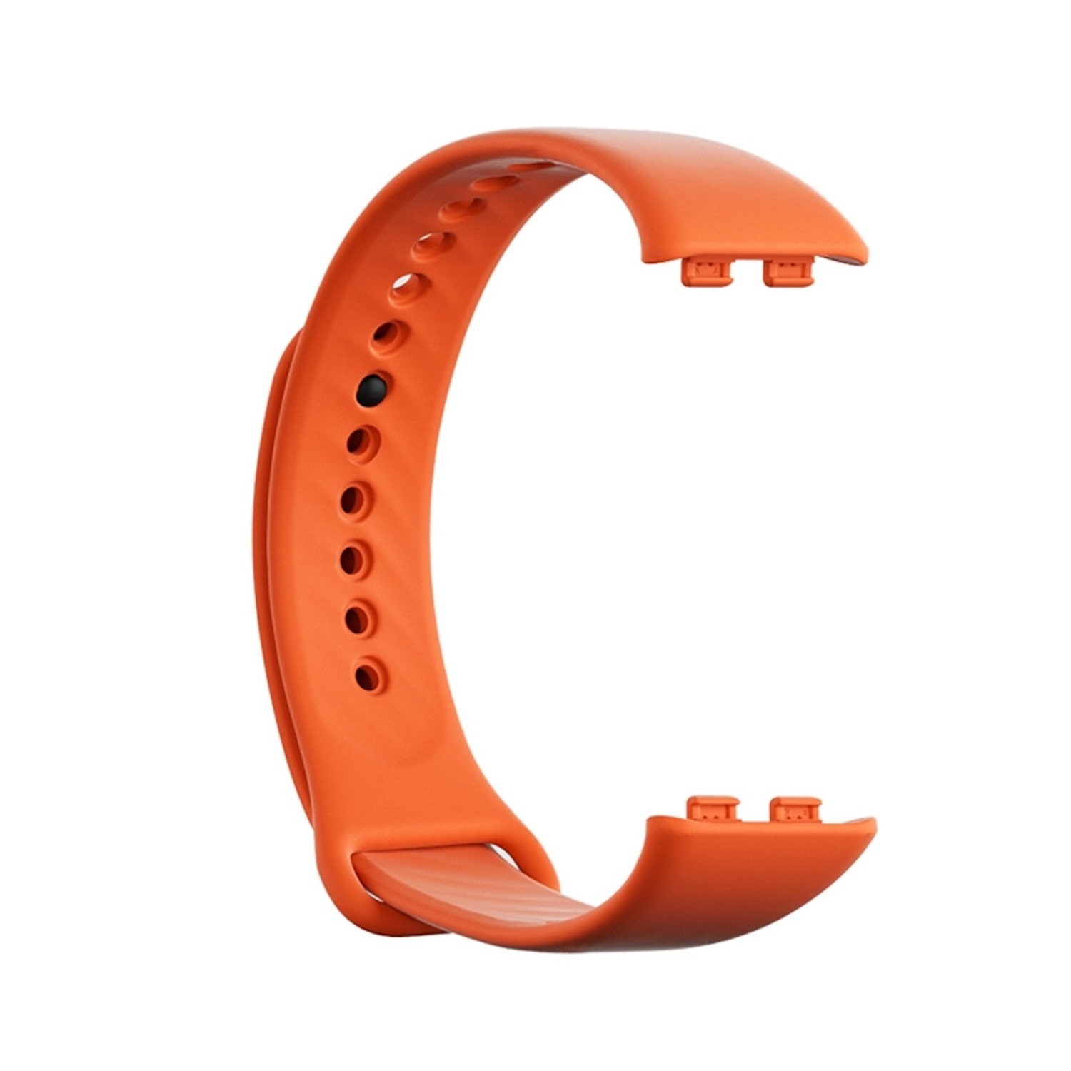 Oranges Smartwatch-Armband, gebogen und mit Löchern und Anschlüssen zur Befestigung.