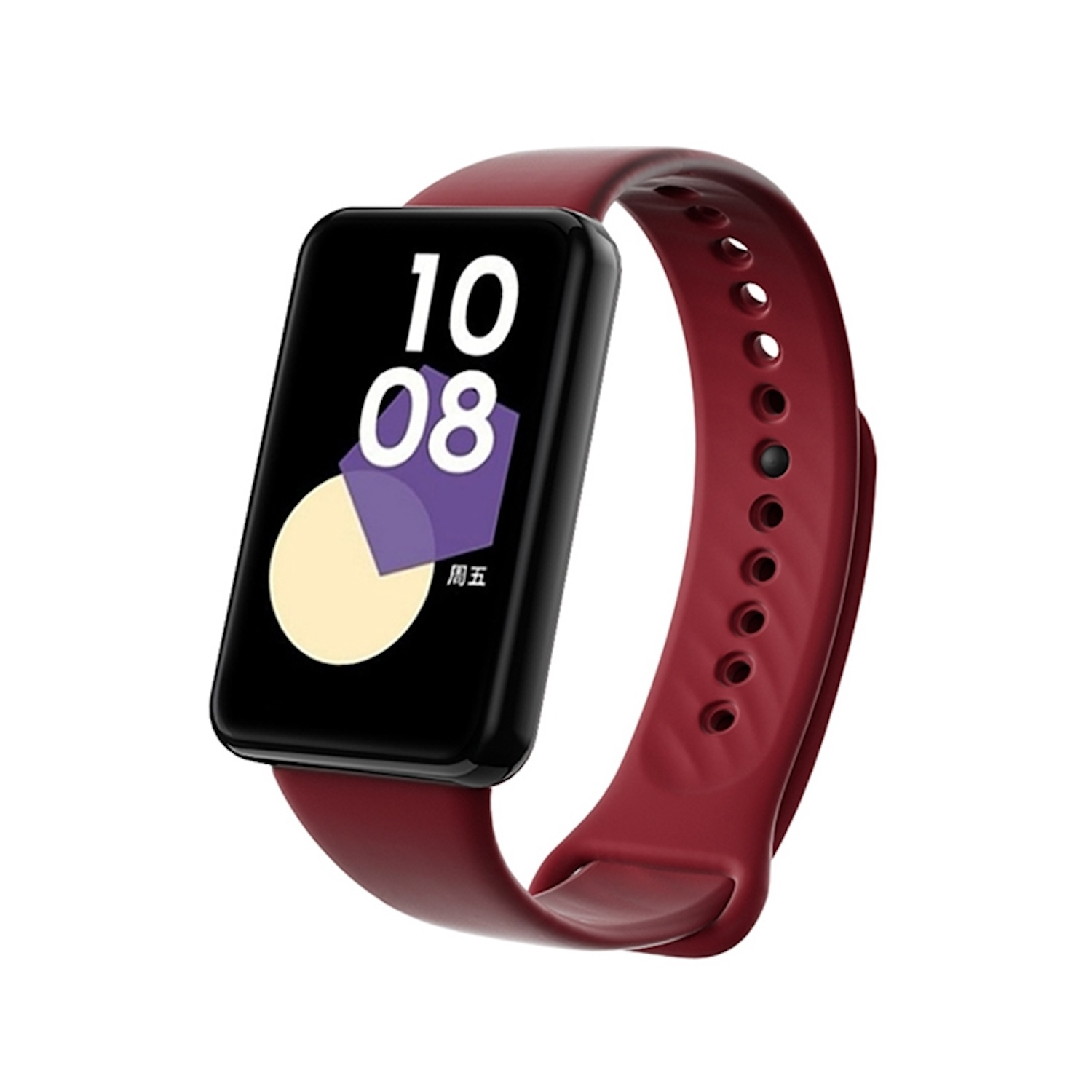 Roter Fitnesstracker mit schwarzem Bildschirm, der Text und Grafiken anzeigt. Das Armband ist rot mit Löchern.