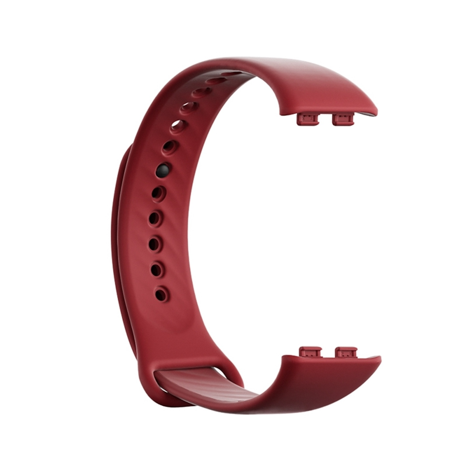 Ein weinrotes Uhrenarmband. Es hat abgerundete Ecken und Befestigungspunkte. Der Hintergrund ist weiß.