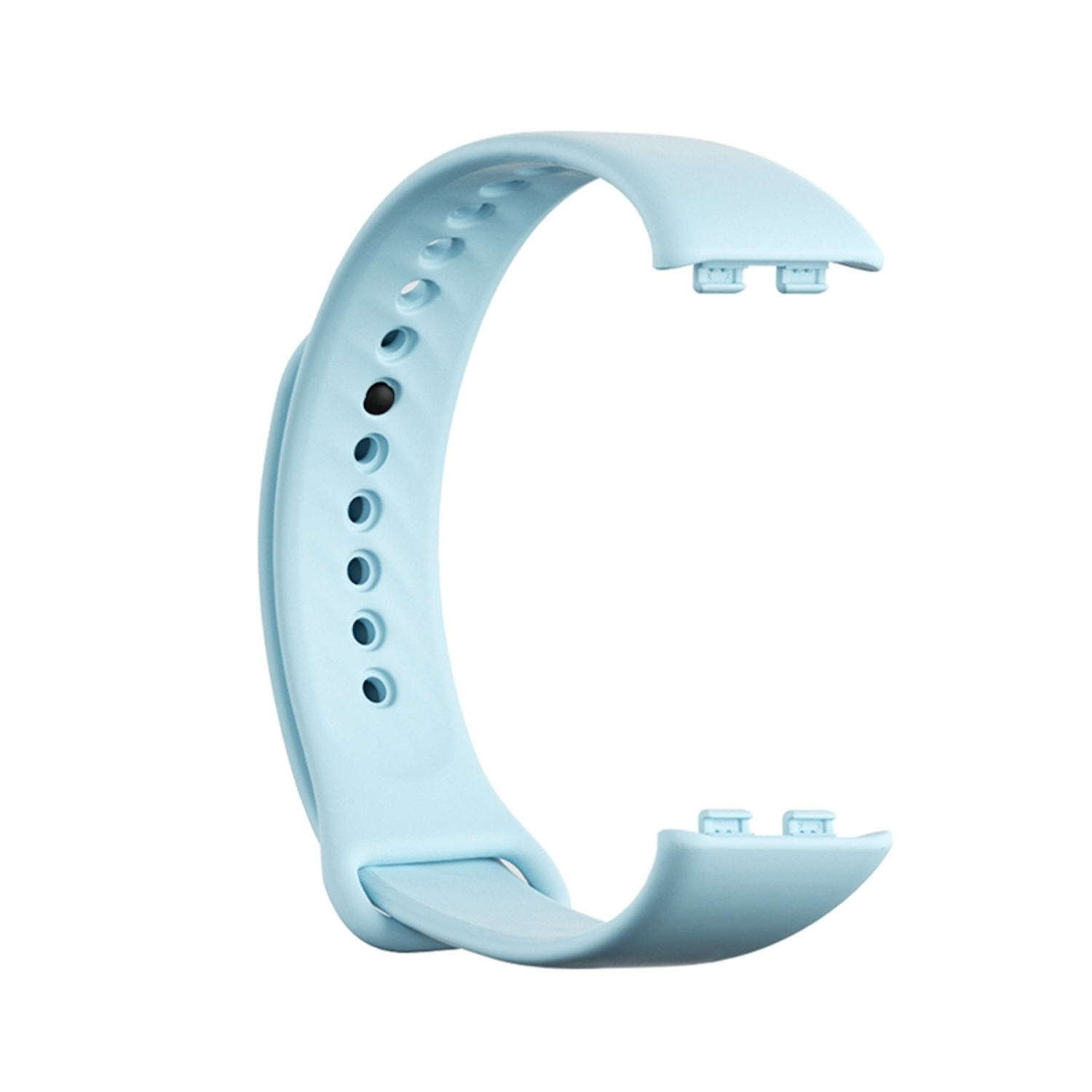 Hellblaues Uhrenarmband. Das Band ist gebogen und hat Löcher. Es hat an beiden Enden Befestigungspunkte.