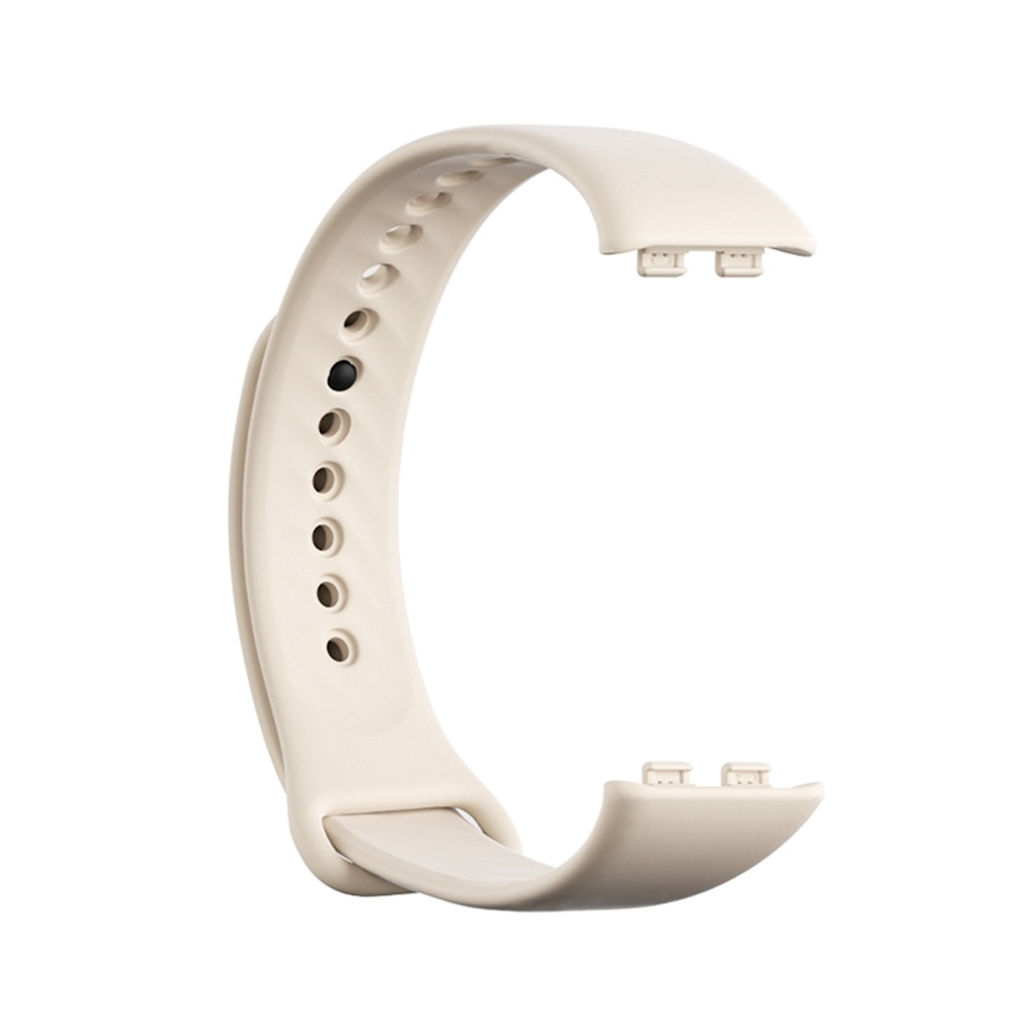Ein cremefarbenes Fitness-Tracker-Armband mit einer Reihe von Löchern entlang der Oberseite.
