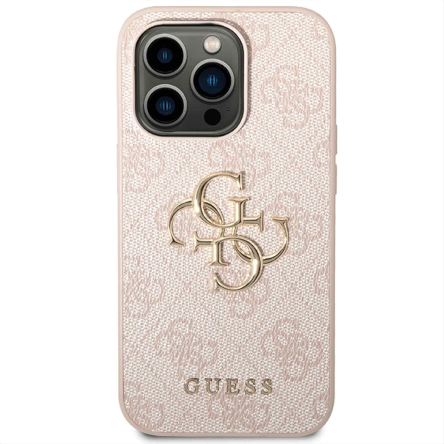 Una custodia per telefono rosa chiaro con logo Guess dorato su sfondo bianco.