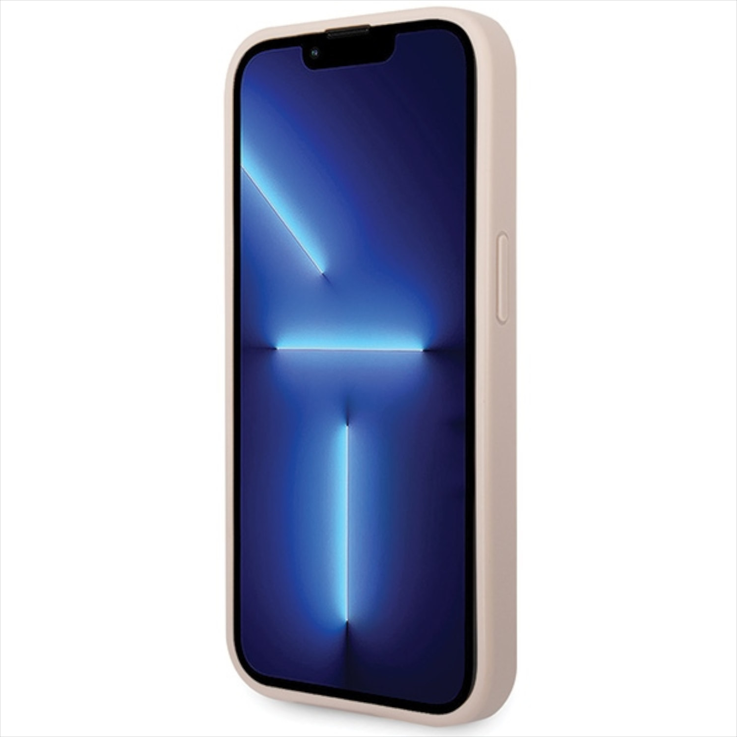 Smartphone in una custodia beige con schermo blu.