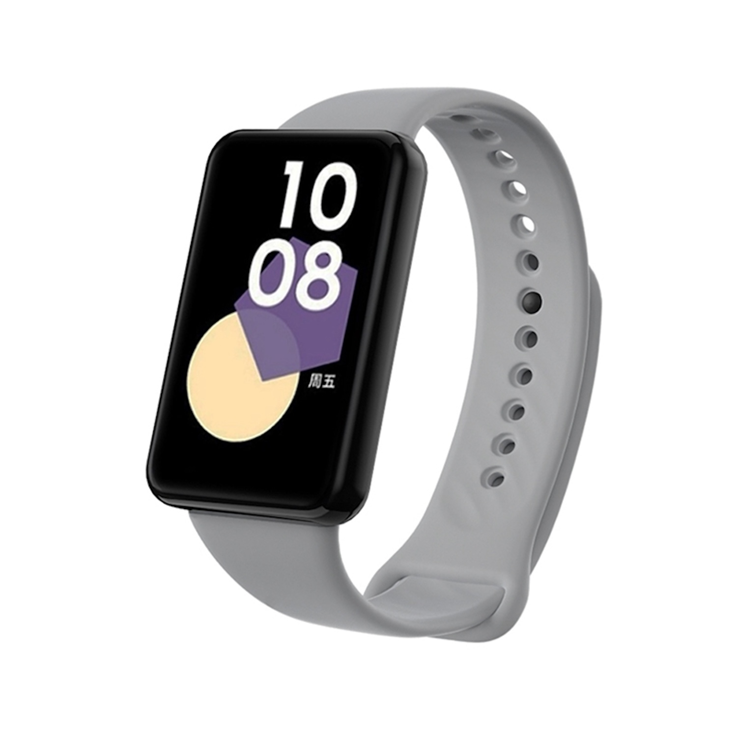 Smartwatch mit grauem Armband und schwarzem Display, das Datum und Uhrzeit anzeigt.