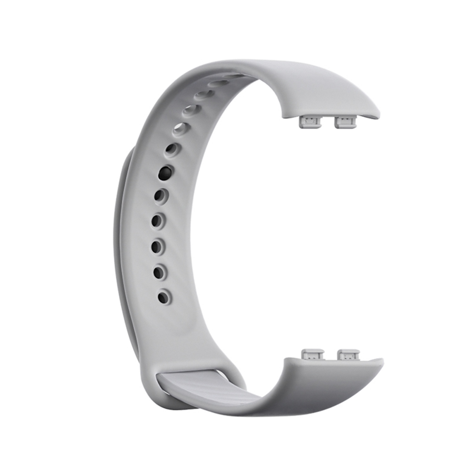 Ein hellgraues, C-förmiges Smartwatch-Armband mit Löchern und Befestigungsstiften.