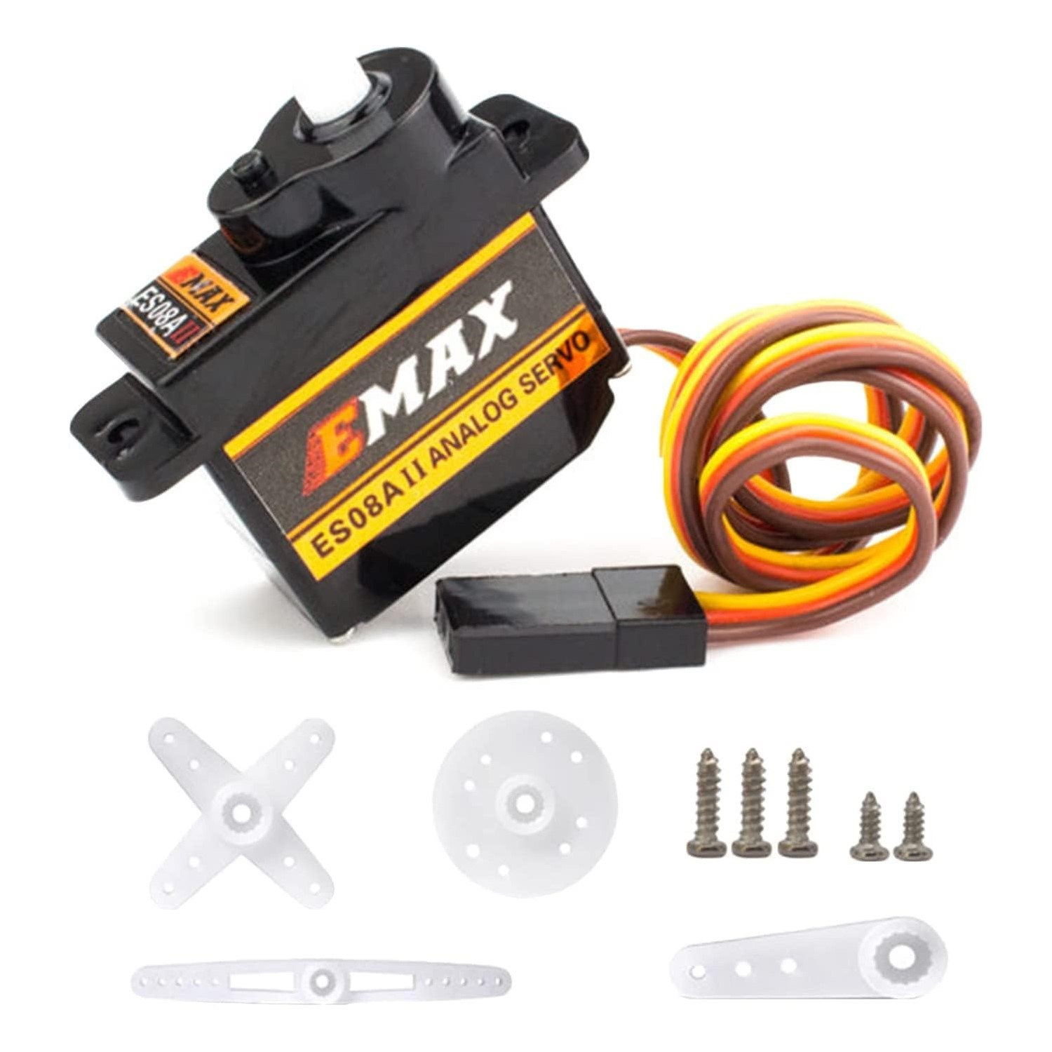 E-MAX ES08A II Analog Servo mit Zubehör, einschließlich Schrauben, Zahnrädern und Montageteilen.