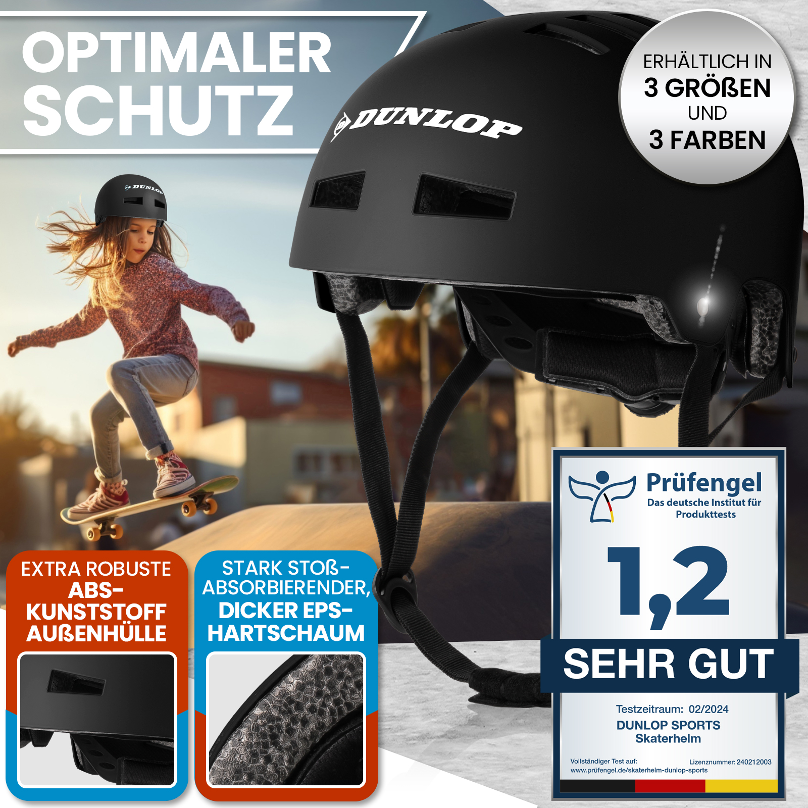 Ein Kind mit schwarzem Helm auf einem Skateboard. Text: Optimaler Schutz, extra robust, etc.