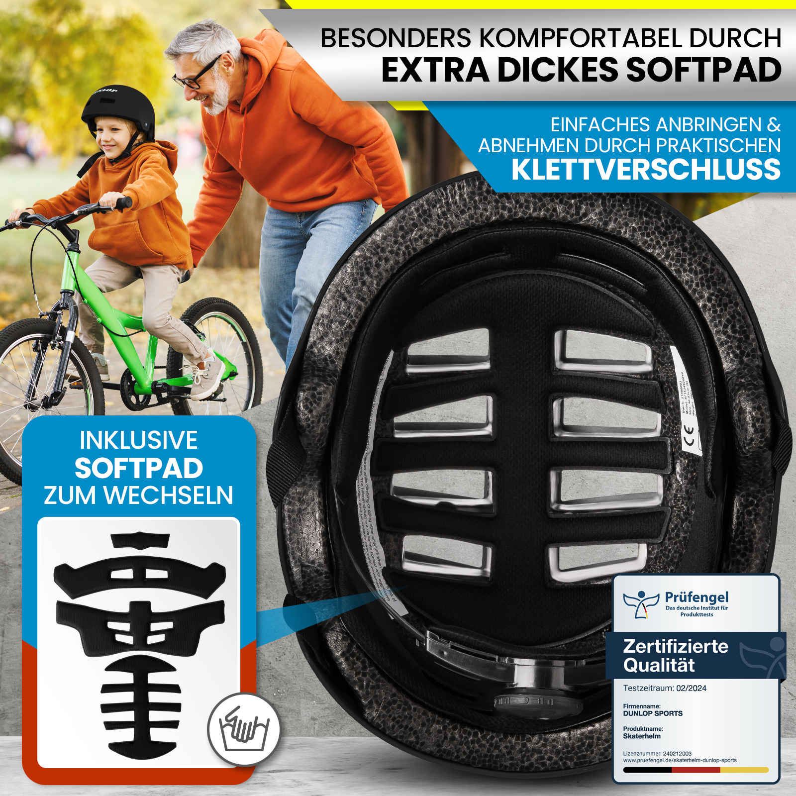 Ein Kind mit schwarzem Helm auf einem grünen Fahrrad, im Hintergrund ein Mann. Text: Extra dickes Softpad.