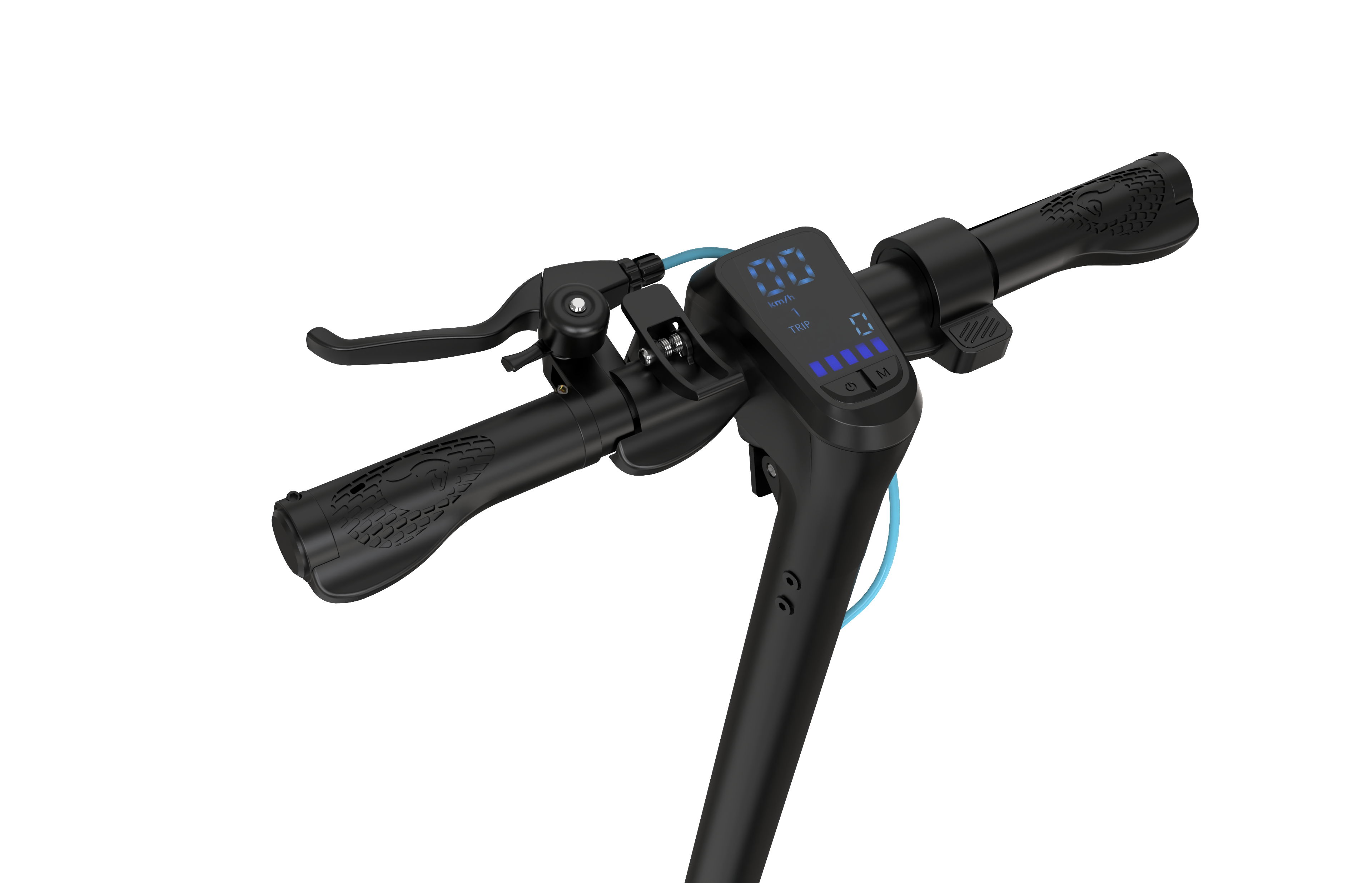 Zbliżenie kierownicy hulajnogi elektrycznej, czarne z wyświetlaczem cyfrowym, dźwignią hamulca i teksturowanymi uchwytami.